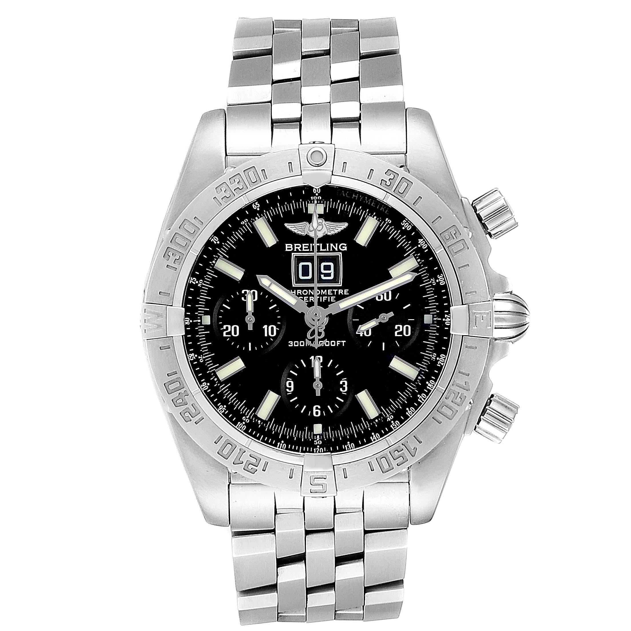 Breitling Chronomat Blackbird Chronograph Steel Mens Watch A44359. Self-winding automatic officially certified chronometer movement. Chronograph function. Satin finish stainless steel case 44 mm in diameter. Stainless steel unidirectional rotating