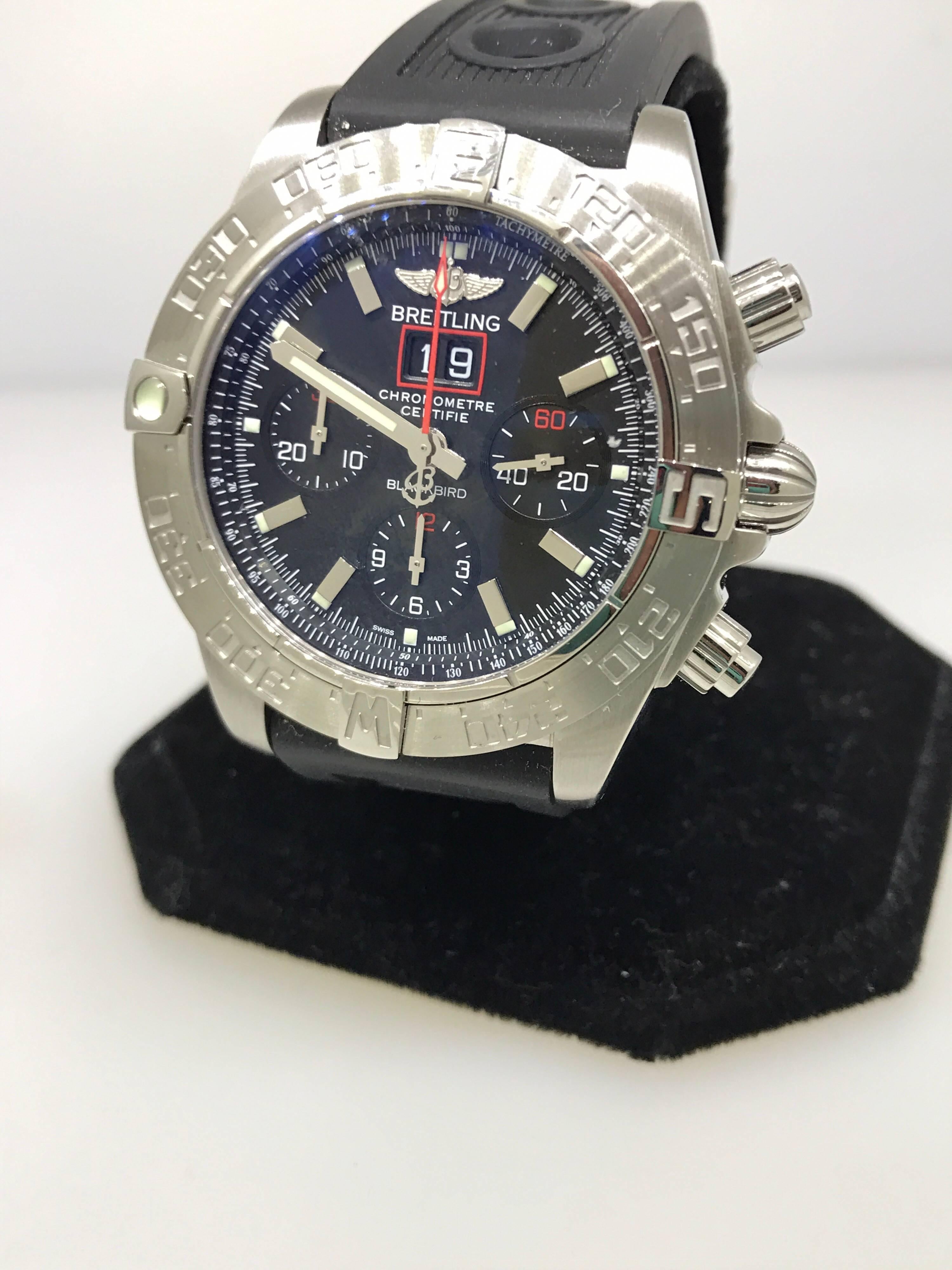 Breitling Chronomat Blackbird Men's Watch

Model Number: A4436010/BB71

100% Authentic

Brand New

Comes with original Breitling box, warranty and instruction booklet

Stainless Steel Case & Buckle

Black Dial & Subdials

Case Diameter: 44mm

Case