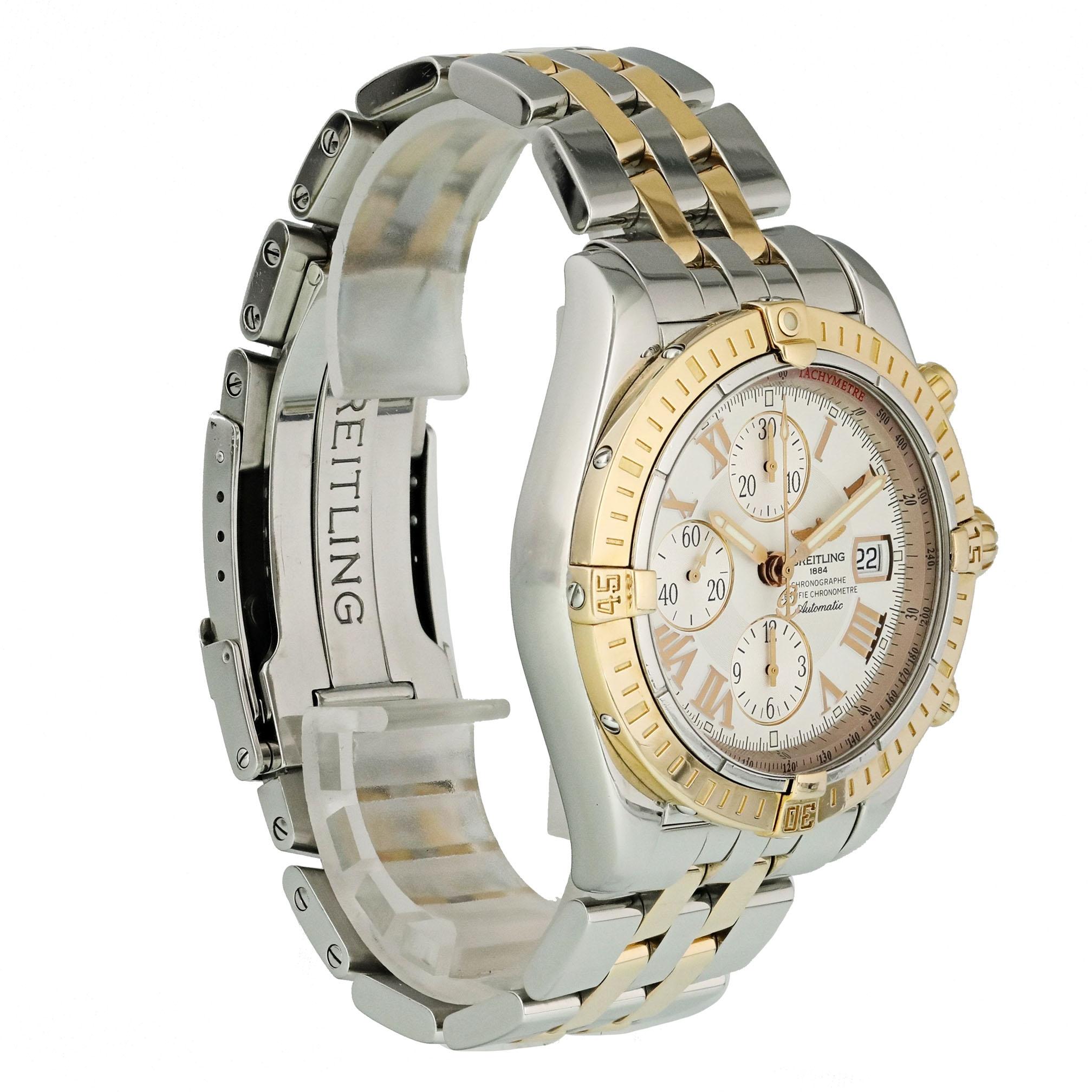 Breitling Chronomat C13356 Men Watch. 
44mm Stainless Steel case. 
Rose gold Unidirectional bezel. 
White dial with luminous rose gold hands and Roman numeral hour markers. 
Minute markers on the outer dial. 
Date display at the 3 o'clock position.