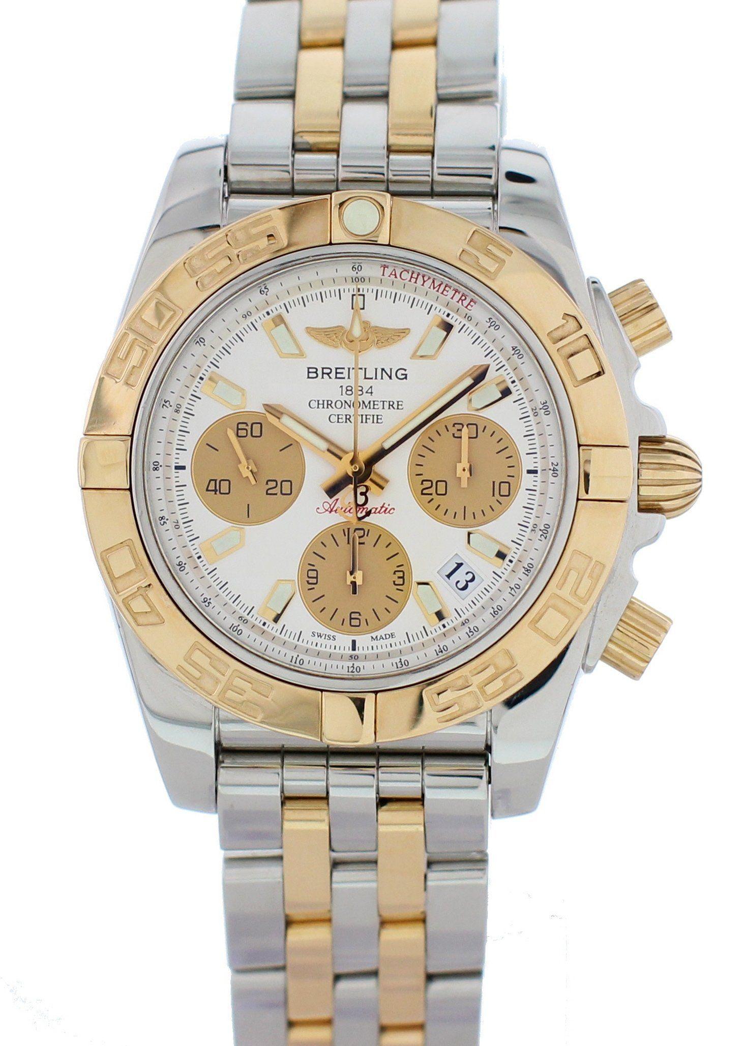 Breitling Chronomat CB0140 Men watch. 
41 Stainless Steel case. 
Rose Gold  Unidirectional  bezel. 
Silver dial with Luminous gold hands and index hour markers Minute markers on the outer dial. 
Date display at the between the 4 & 5 o'clock 