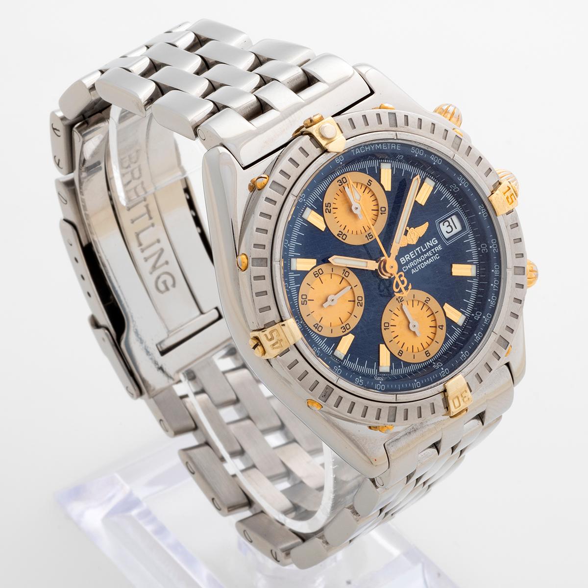 Our Breitling chronomat chronograph reference B1335211 features a 39mm steel and yellow gold case with a rare blue dial and unusually with stainless steel bracelet with flip lock clasp. A complete set, presented in excellent condition, with lights