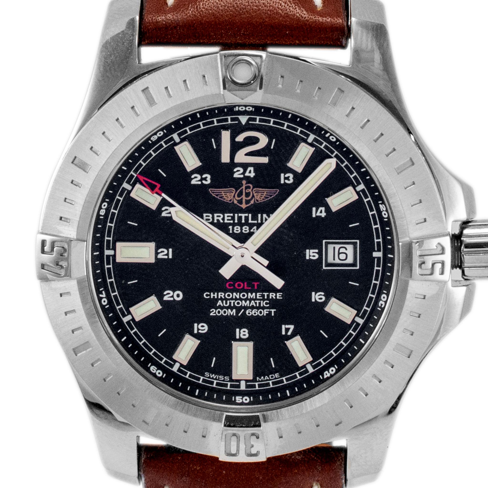 Brand: Breitling

Gender: Men

Metal Type: Stainless Steel

Diameter: 44.00 mm

Weight: 111.13 grams

One men's stainless steel BREITLING Swiss-made watch with original box. The metal was tested and determined to be stainless steel. The 