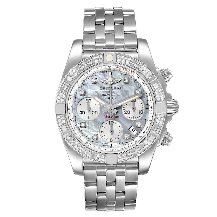 Breitling Chronomat Evolution 41 Steel MOP Diamond Mens Watch AB0140 Box Papers. Automatic self-winding officially certified chronometer movement. Chronograph function. Stainless steel case 41.0 mm in diameter. Original Breitling factory diamond