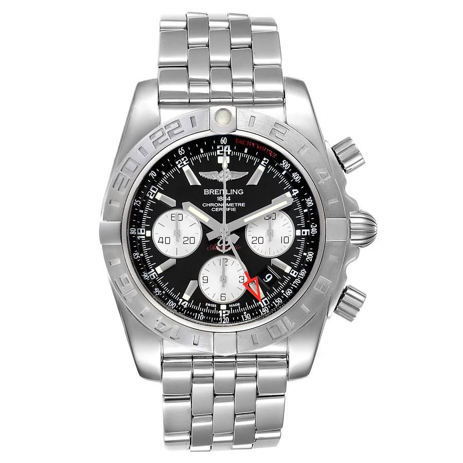 Breitling Chronomat Evolution 44 GMT Steel Mens Watch AB0420 Box Papers. Automatic self-winding officially certified chronometer movement. Chronograph function. Stainless steel case 44 mm in diameter. Screwed-down crown and pushers. Lapidated lugs,