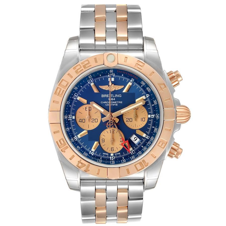 Breitling Chronomat Evolution 44 GMT Steel Rose Gold Watch CB0420 Box Papers. Automatic self-winding officially certified chronometer movement. Chronograph function. Stainless steel and 18K rose gold case 44 mm in diameter. 18k rose gold