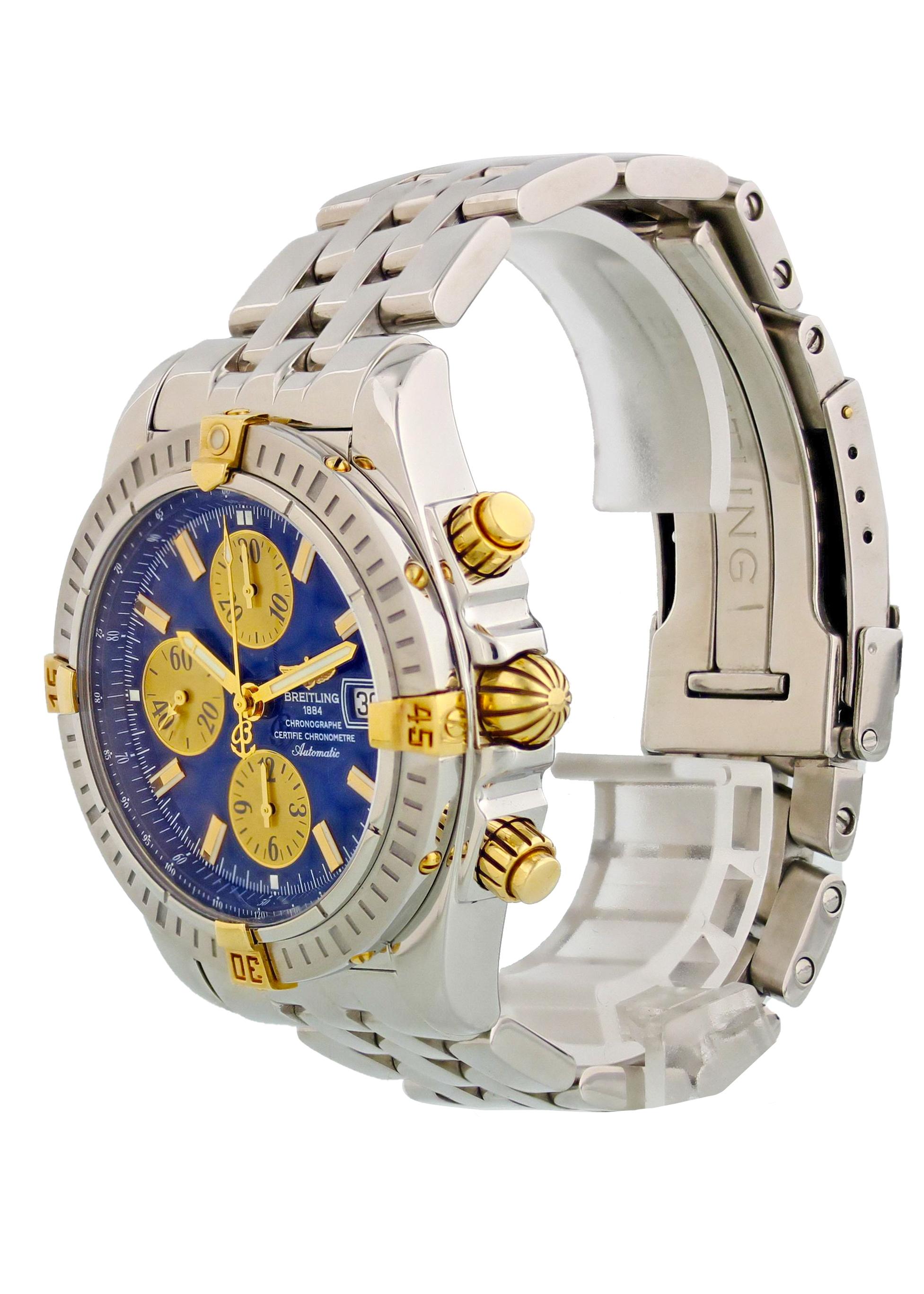 Breitling Chronomat Evolution B13356 Mens Watch. 44mm stainless steel case with unidirectional bezel. Blue dial with luminous hands and indexes. Date display. Three chronograph sub-dials displaying small seconds, minutes, and hours. Stainless steel