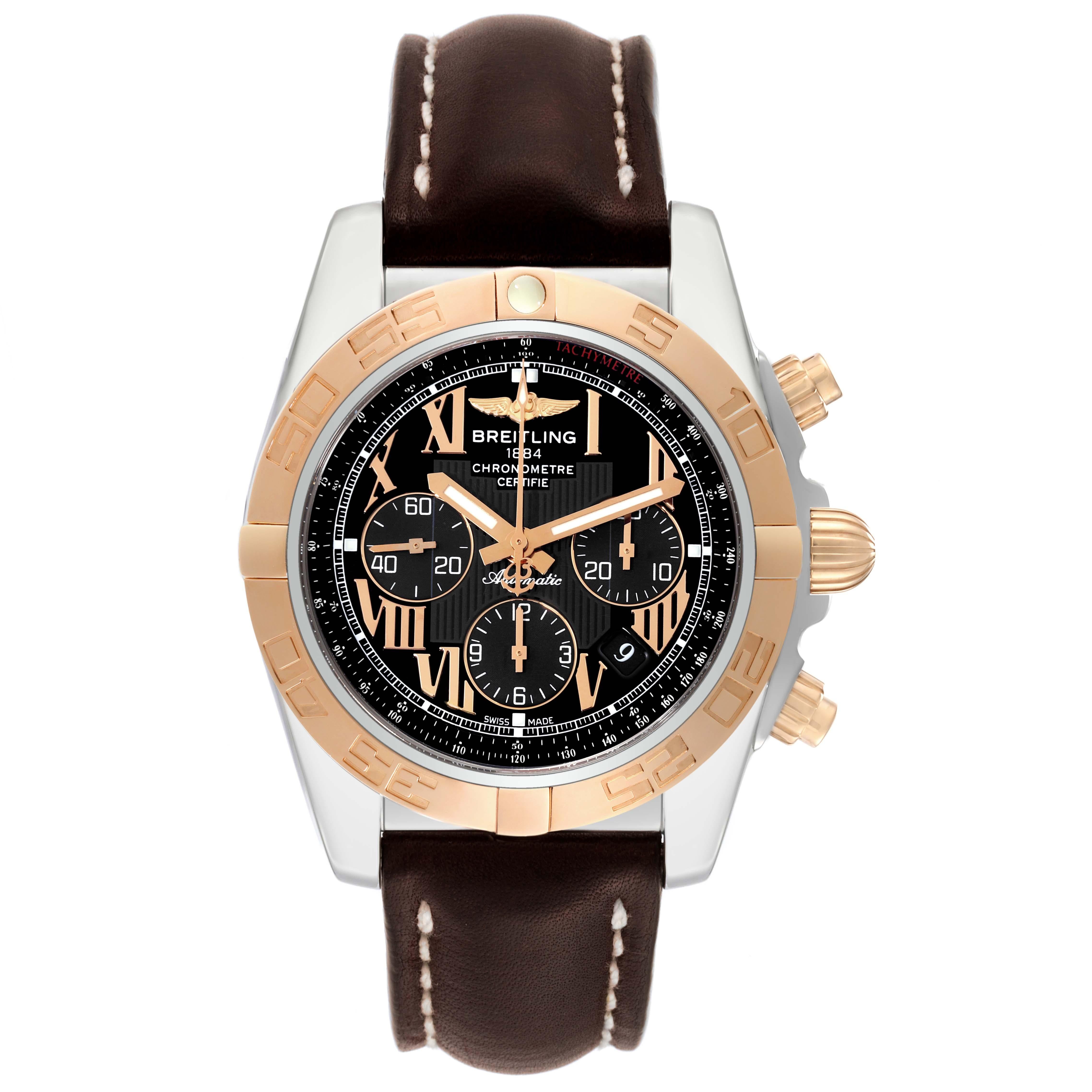 Breitling Chronomat Evolution Black Dial Steel Rose Gold Mens Watch CB0110. Automatic self-winding officially certified chronometer movement. Chronograph function. Stainless steel and 18K rose gold case 45 mm in diameter. 18k rose gold screwed-down