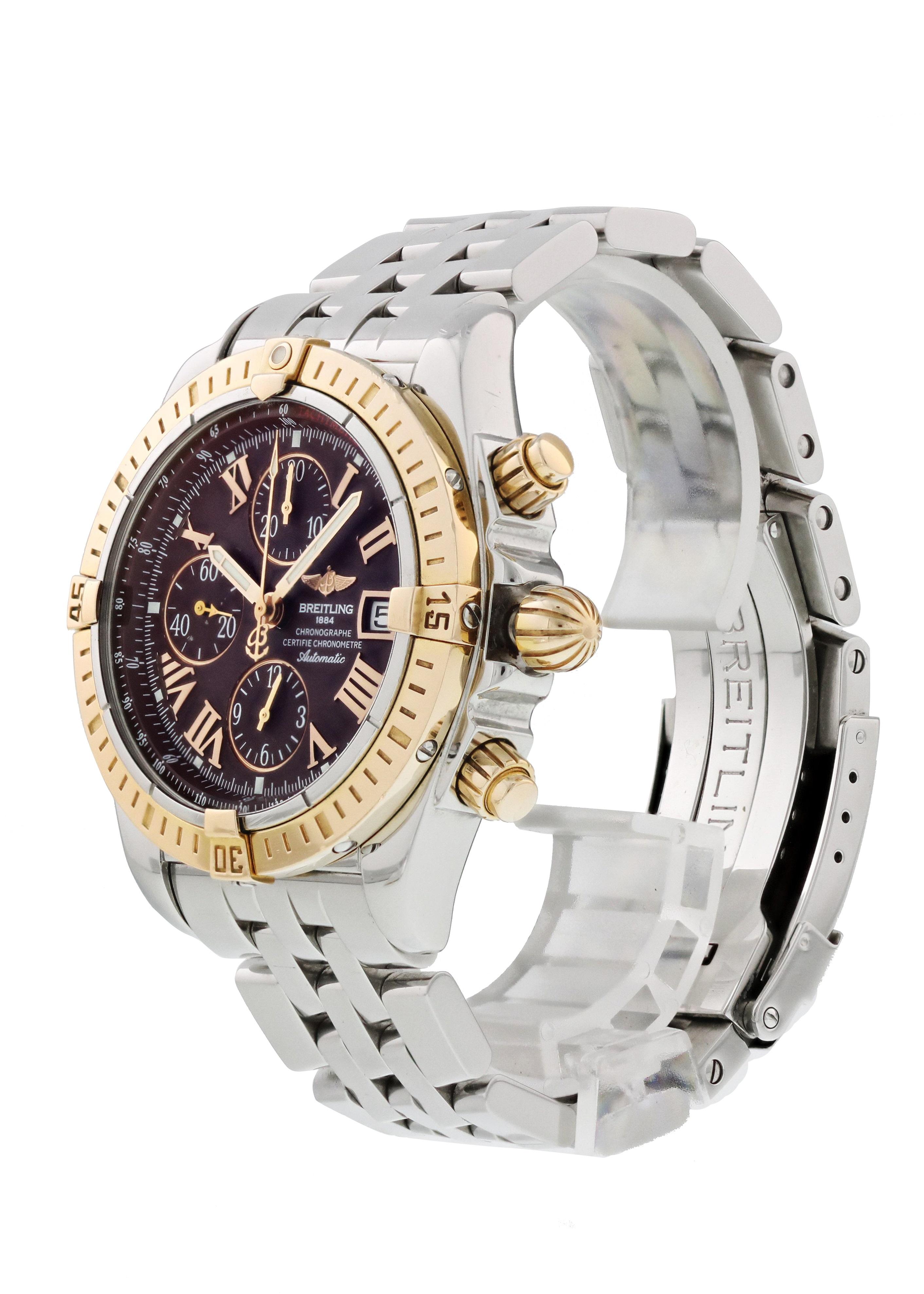 Breitling Chronomat Evolution C13356 Men Watch. 
44mm Stainless Steel case. 
Rose Gold Unidirectional bezel. 
Burgundy dial with Luminous gold hands and index hour markers. 
Minute markers on the outer dial. 
Date display at the 3 o'clock position.
