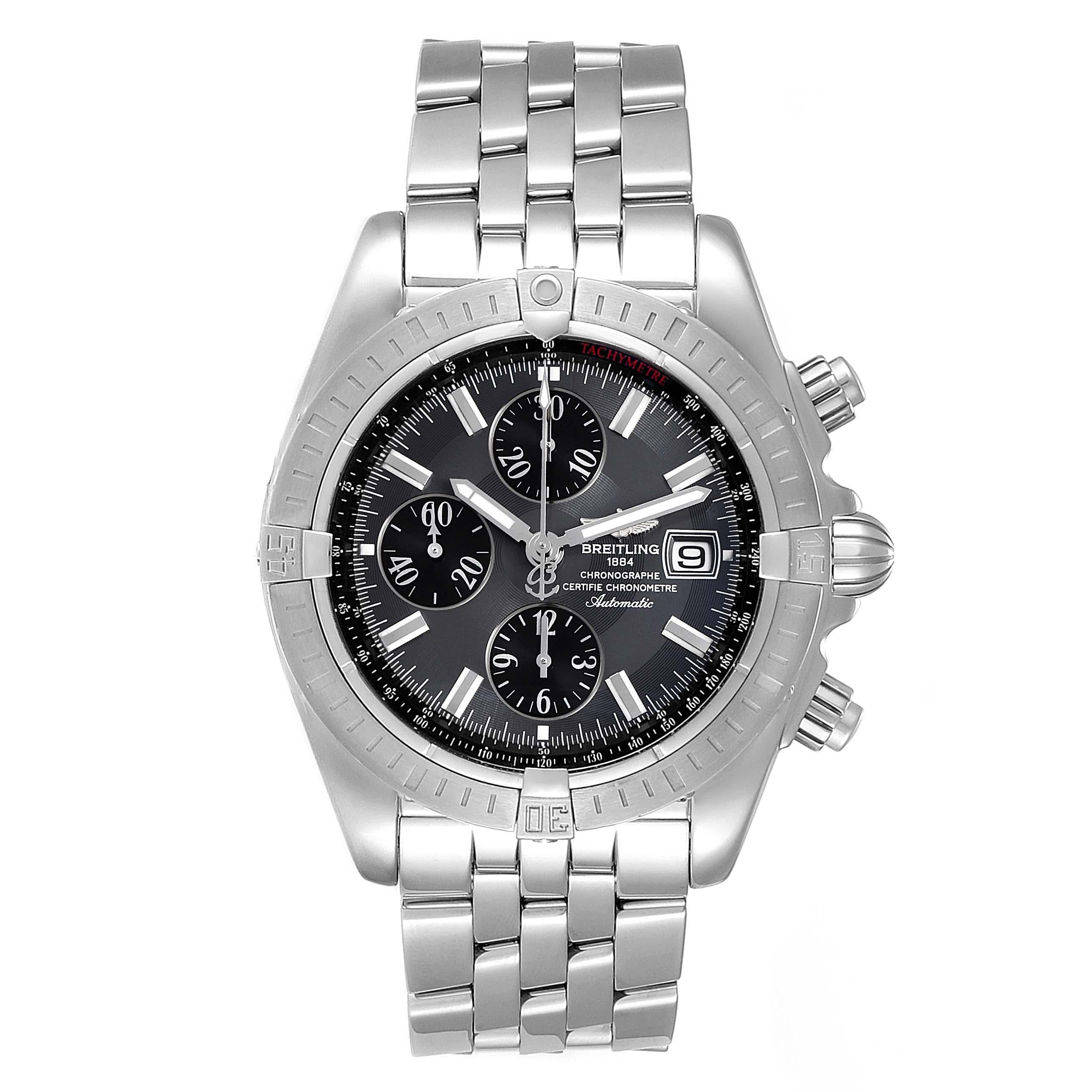 Breitling Chronomat Evolution Grey Dial Steel Mens Watch A13356. Automatic self-winding officially certified chronometer movement. Chronograph function. Stainless steel case 43.7 mm in diameter with screwed-down crown and pushers. Stainless steel