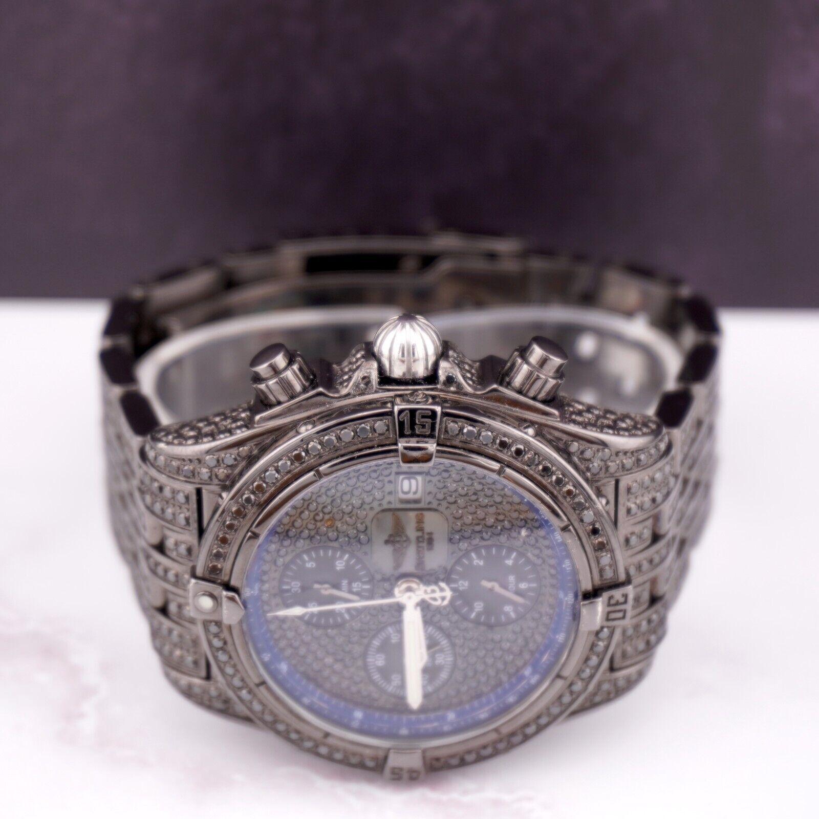 Breitling Chronomat Evolution Iced Out 12 Carat Mens 44mm Black Dial A13356 In Good Condition In Pleasanton, CA