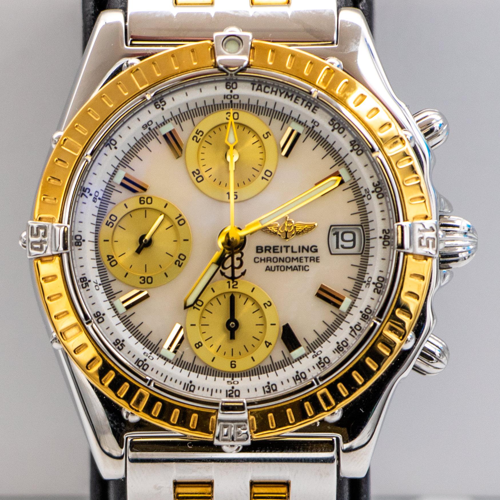 Brand: Breitling
Movement: Automatic Self-Winding Chronometer Movement
Case Diameter: 40mm, Stainless Steel And 18K Yellow Gold
Dial: Mother Of Pearl, Three Chronograph Sub-Dials - 60 Seconds, 30 Minutes, 12 Hours
Bracelet: Stainless Steel and 18K