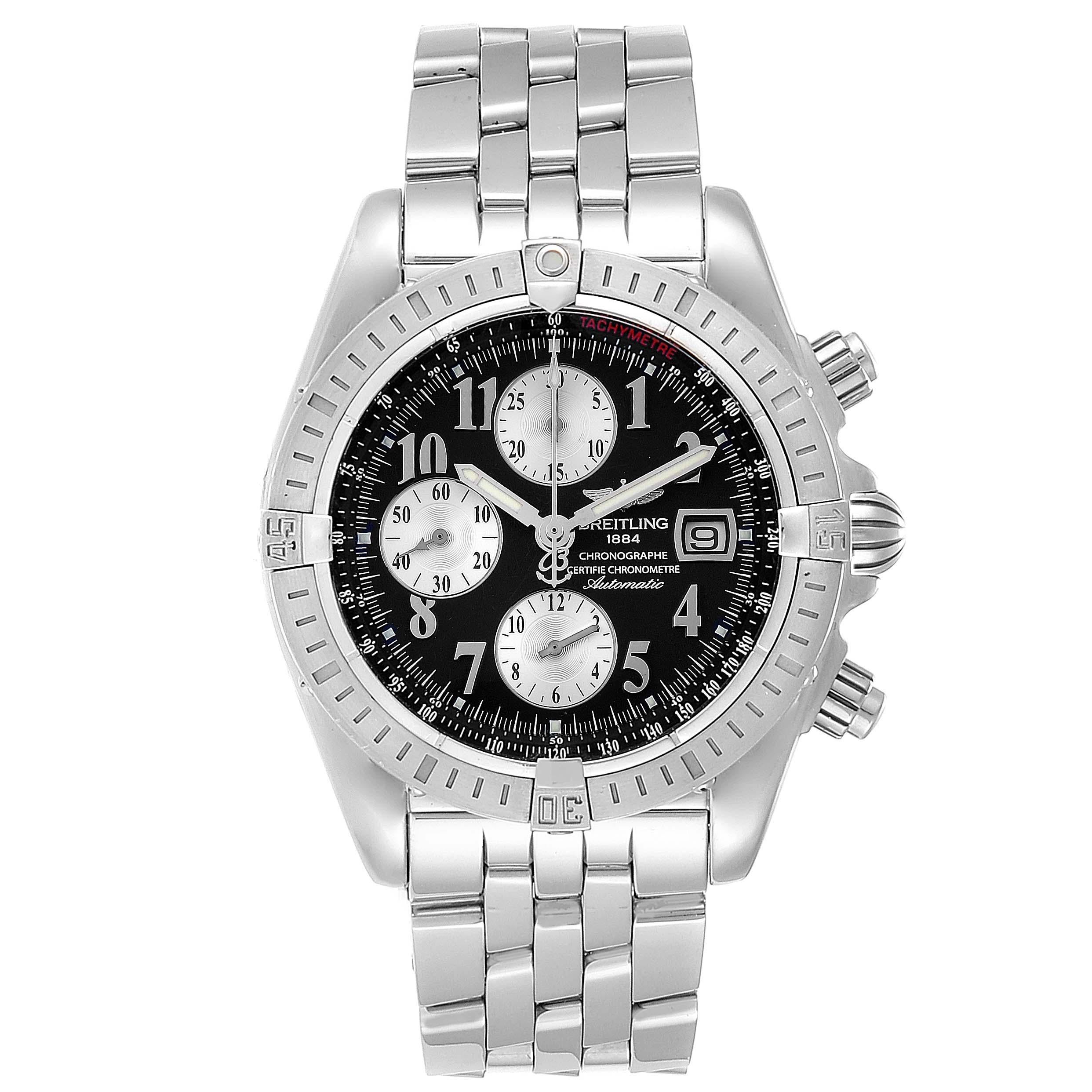 Breitling Chronomat Evolution Steel Black Dial Steel Mens Watch A13356. Automatic self-winding officially certified chronometer movement. Chronograph function. Stainless steel case 43.7 mm in diameter with screwed-down crown and pushers. Stainless