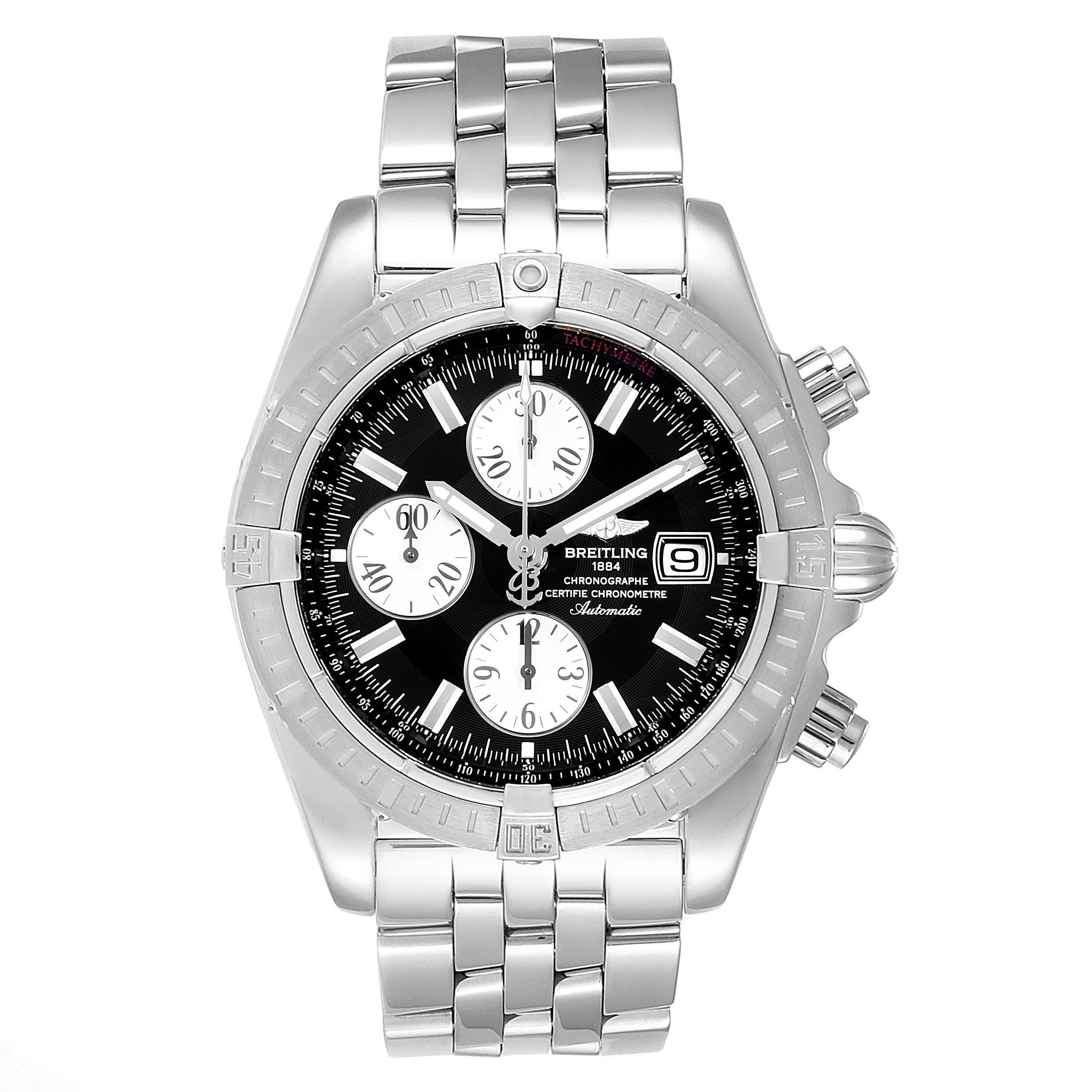 Breitling Chronomat Evolution Steel Black Dial Steel Mens Watch A13356. Automatic self-winding officially certified chronometer movement. Chronograph function. Stainless steel case 43.7 mm in diameter with screwed-down crown and pushers. Stainless