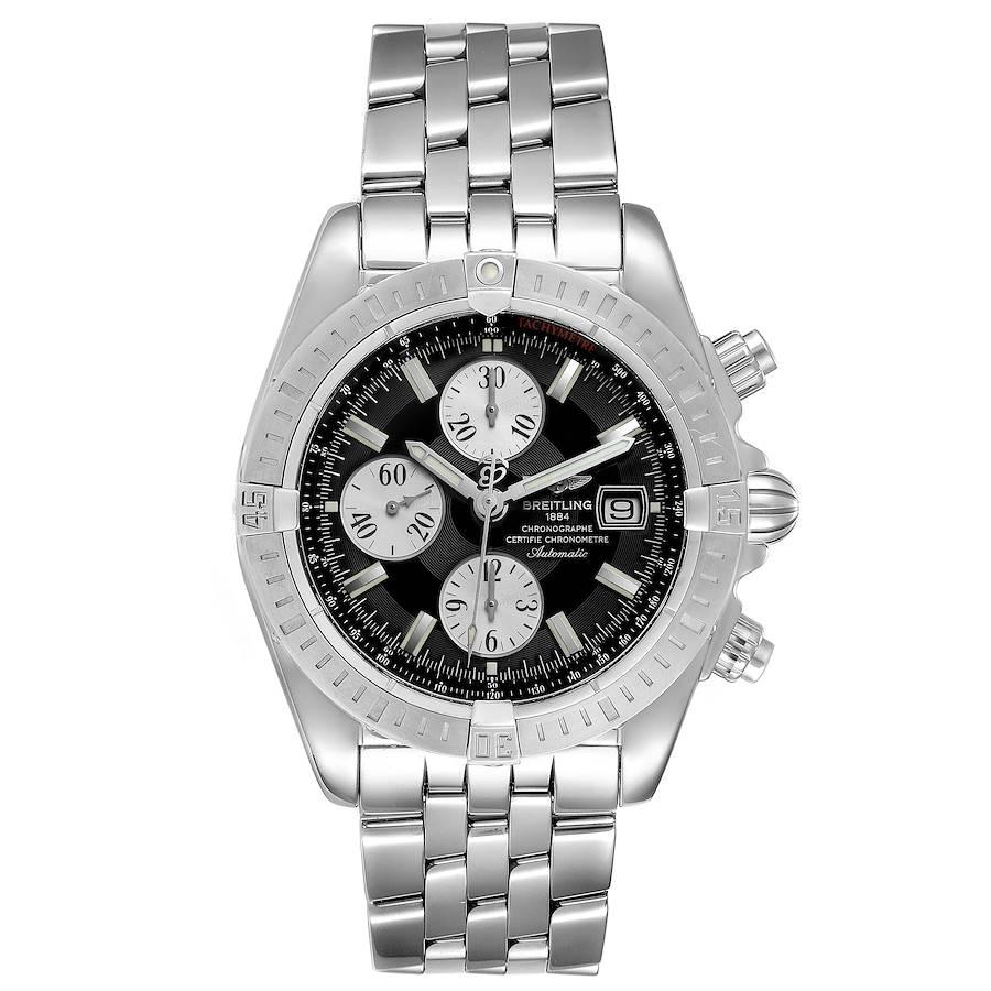Breitling Chronomat Evolution Steel Black Dial Steel Mens Watch A13356. Automatic self-winding officially certified chronometer movement. Chronograph function. Stainless steel case 43.7 mm in diameter with screwed-down crown and pushers. Stainless