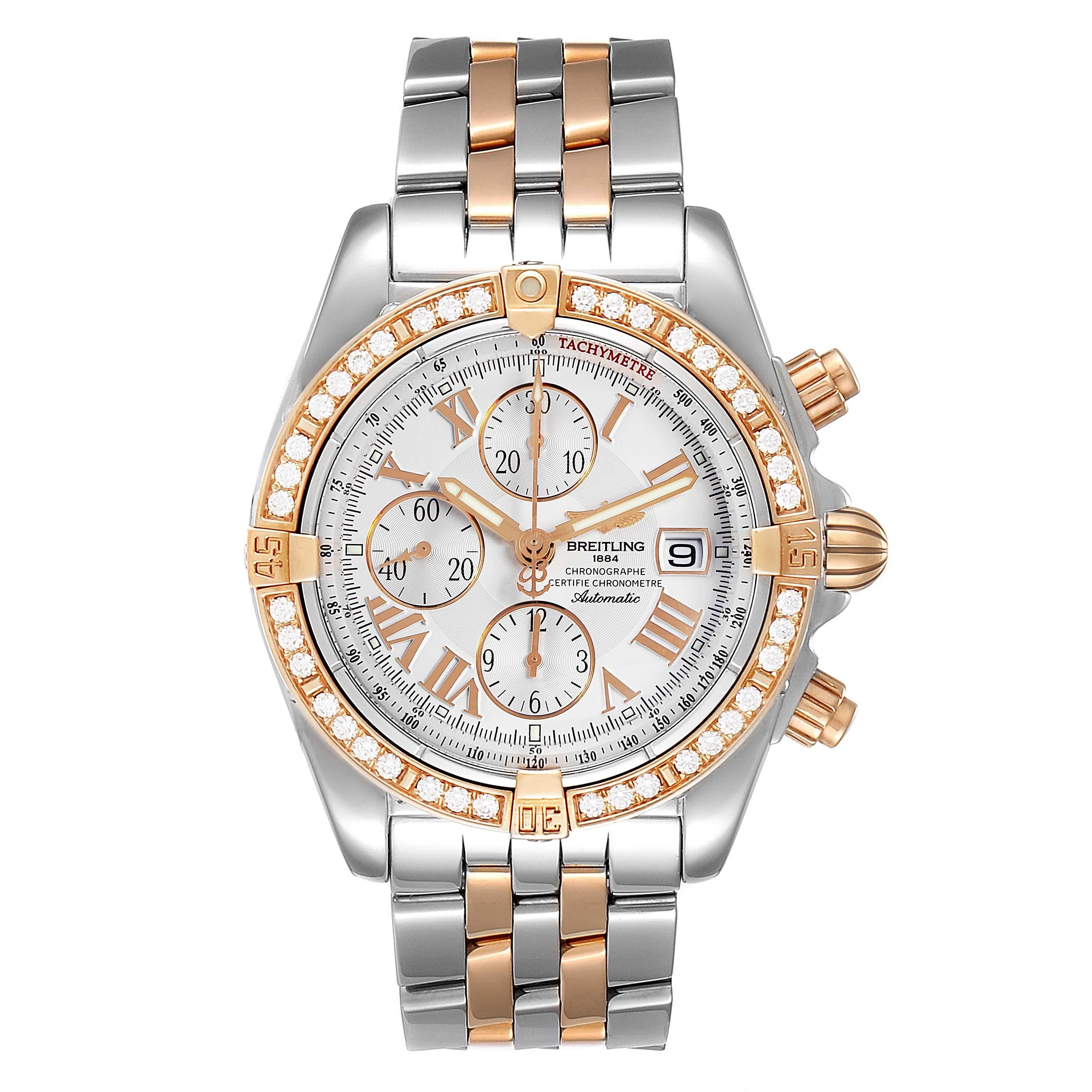 Breitling Chronomat Evolution Steel Rose Gold Diamond Watch C13356. Automatic self-winding officially certified chronometer movement. Chronograph function. Stainless steel round case 41.5 mm in diameter. Transparent case back. The movement's