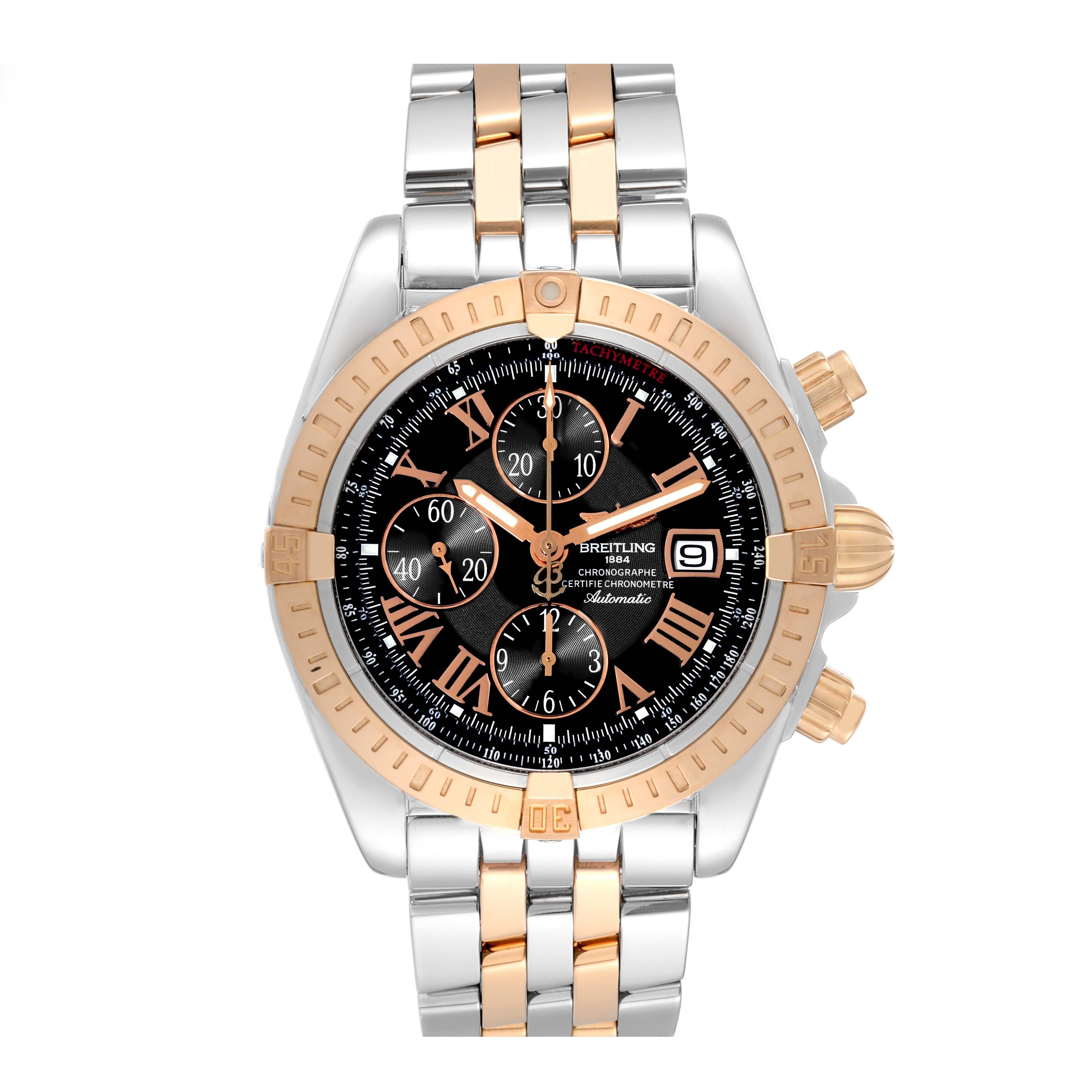 Breitling Chronomat Evolution Steel Rose Gold Mens Watch C13356. Automatic self-winding officially certified chronometer movement. Chronograph function. Stainless steel and 18K rose gold case 43.7 mm in diameter. 18k rose gold screwed-down crown and
