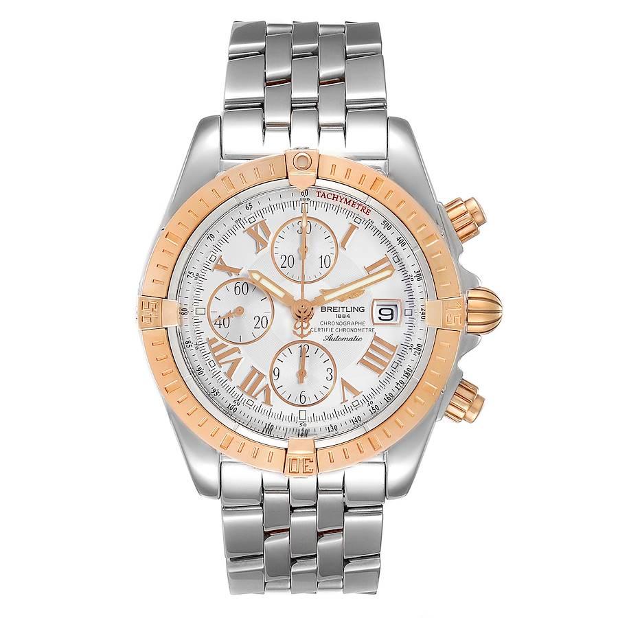 Breitling Chronomat Evolution Steel Rose Gold Mens Watch C13356 Papers. Automatic self-winding officially certified chronometer movement. Chronograph function. Stainless steel and 18K rose gold case 43.7 mm in diameter. 18k rose gold screwed-down