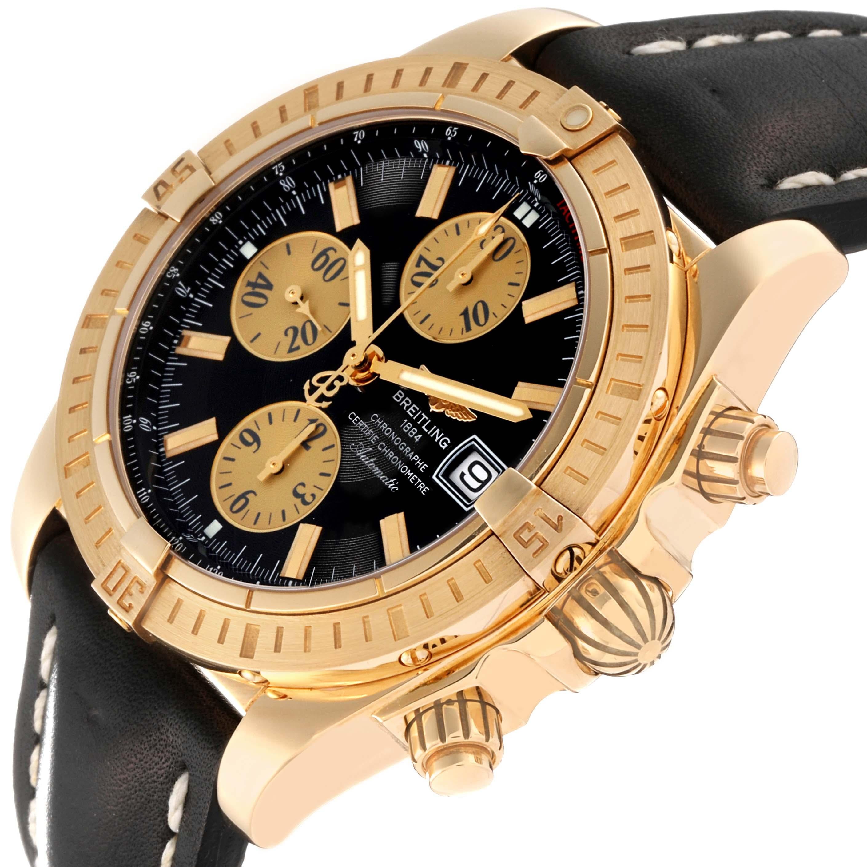 Breitling Chronomat Evolution Yellow Gold Mens Watch K13356 Box Papers. Automatic self-winding officially certified chronometer movement. Chronograph function. 18k yellow gold case 44 mm in diameter with screwed-down crown and pushers. 18k yellow