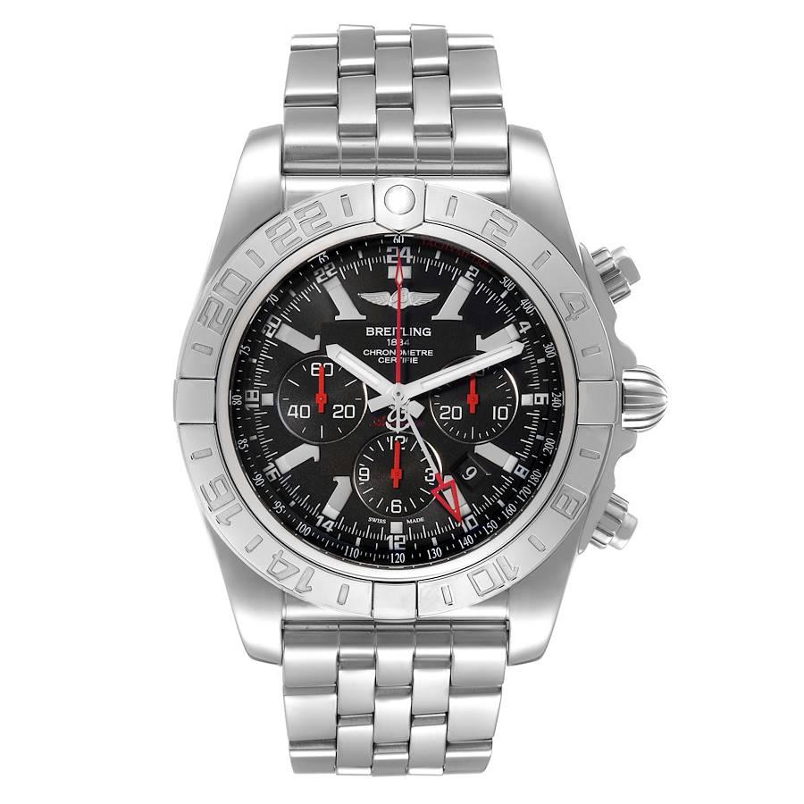 Breitling Chronomat GMT Black Dial Limited Edition Mens Watch AB0412. Self-winding automatic officially certified chronometer movement. Chronograph function. GMT function. Stainless steel case 47.0 mm in diameter with screwed-down crown and pushers.