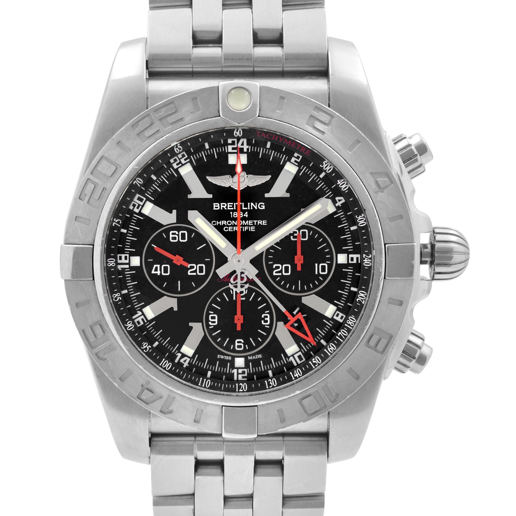 Pre Owned Breitling Chronomat GMT Limited Steel Swiss Automatic Men's Watch AB0412. Micro Scratches And Blemishes on the Bezel and Case, The Band on this Watch Show Some Wear. Comes with Extra Links. This Timepiece Features: Stainless Steel Case &
