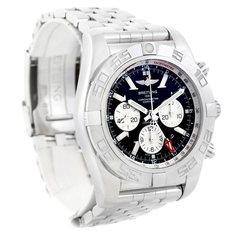 Breitling Chronomat GMT Steel Mens Watch AB0410. Self-winding automatic officially certified chronometer movement. Chronograph function. GMT function. Stainless steel case 47.0 mm in diameter with screwed-down crown and pushers. Scratch resistant