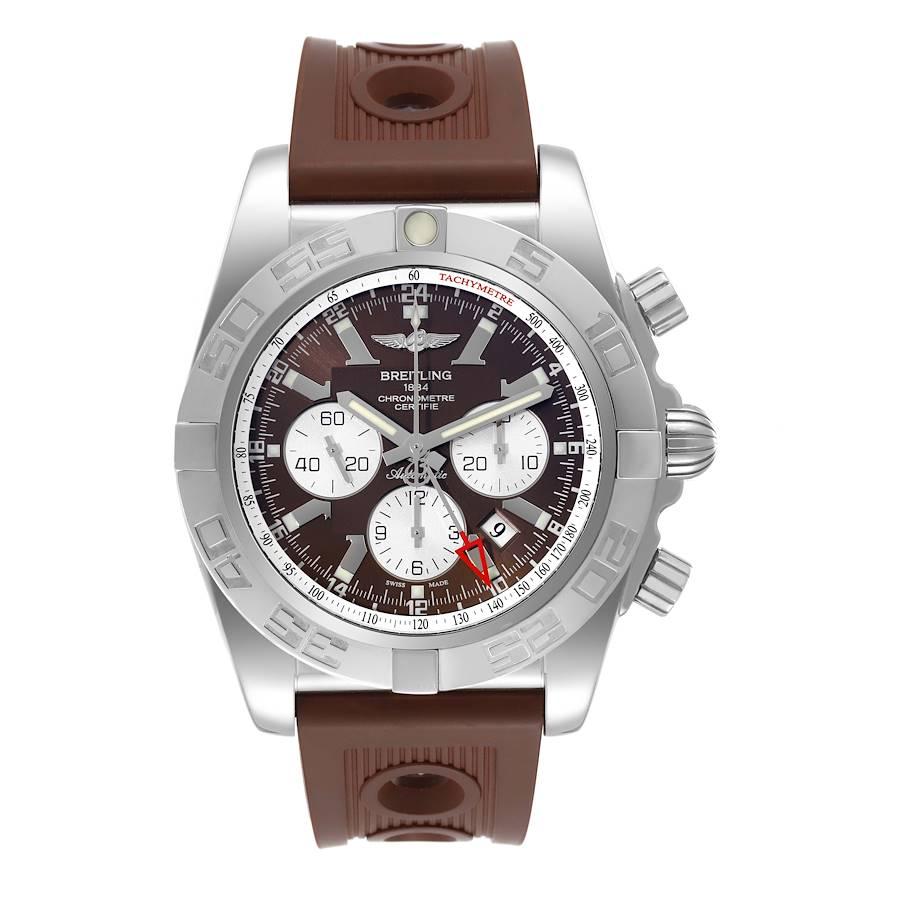 Breitling Chronomat GMT Steel Brown Dial Mens Watch AB0410 Box Card. Self-winding automatic officially certified chronometer movement. Chronograph function. GMT function. Stainless steel case 47.0 mm in diameter with screwed-down crown and pushers.