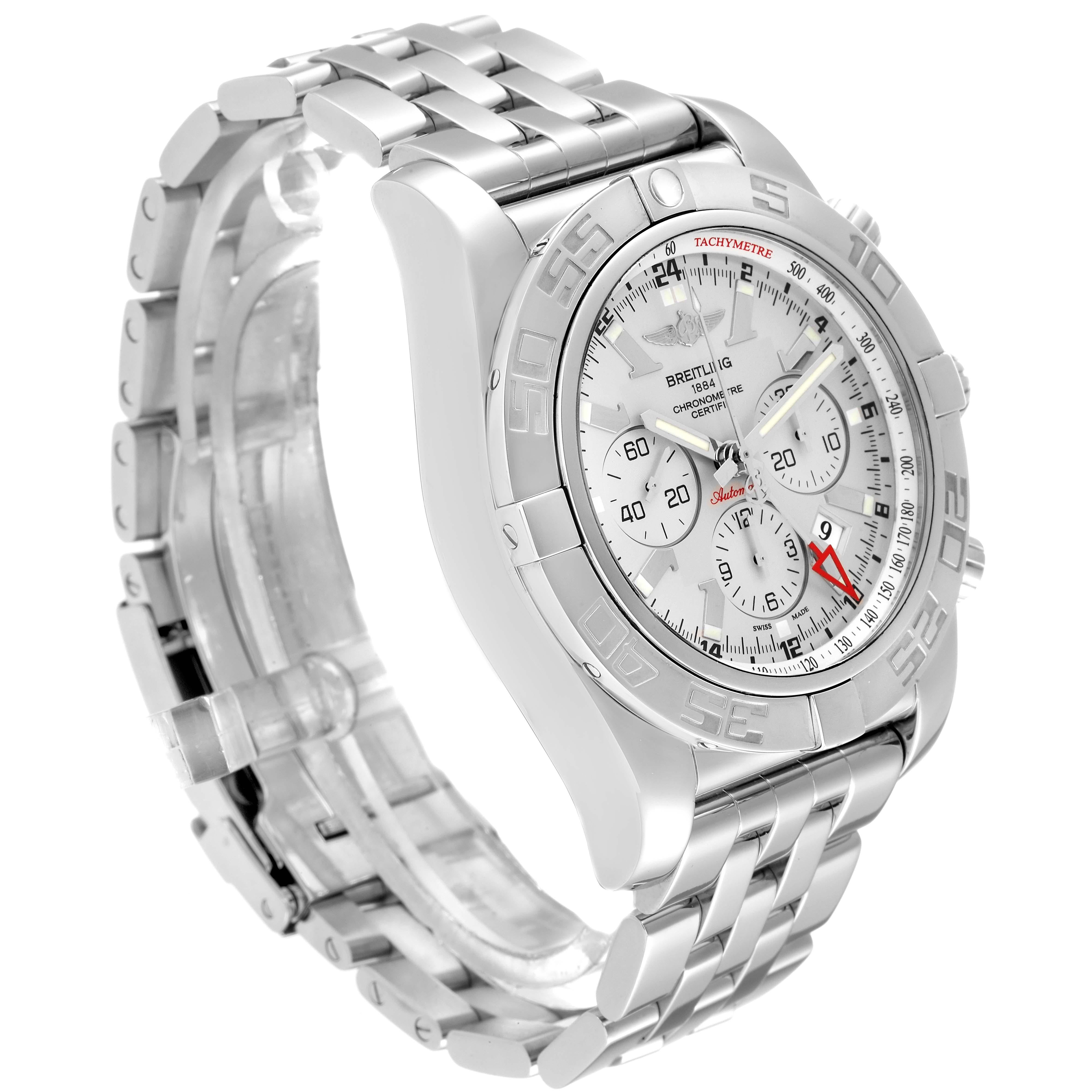 Breitling Chronomat GMT Steel Silver Dial Mens Watch AB0410 Box Papers In Excellent Condition For Sale In Atlanta, GA