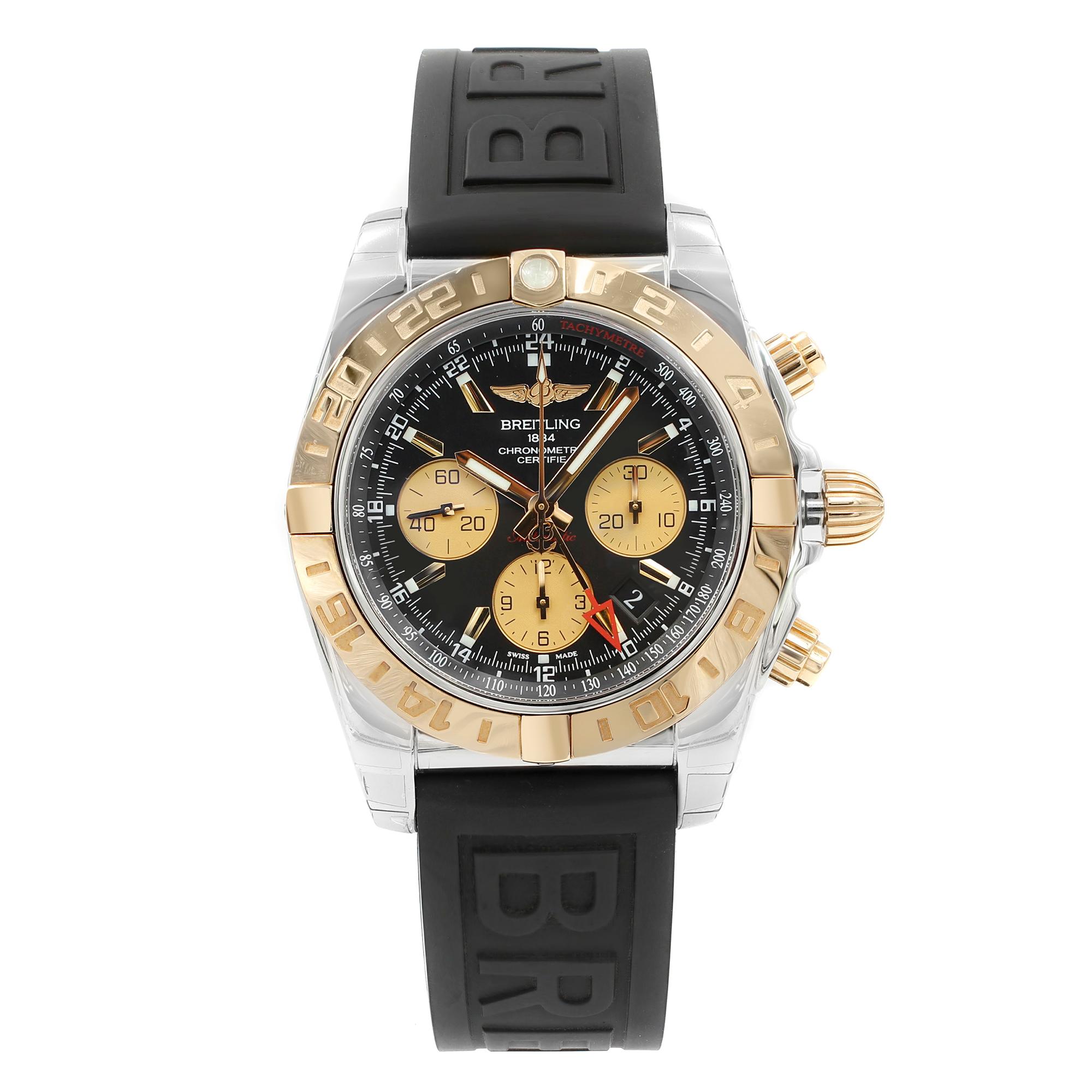 This display model Breitling Chronomat  CB042012/BB86-153S is a beautiful men's timepiece that is powered by an automatic movement which is cased in a stainless steel case. It has a round shape face, chronograph, date, dual time, small seconds