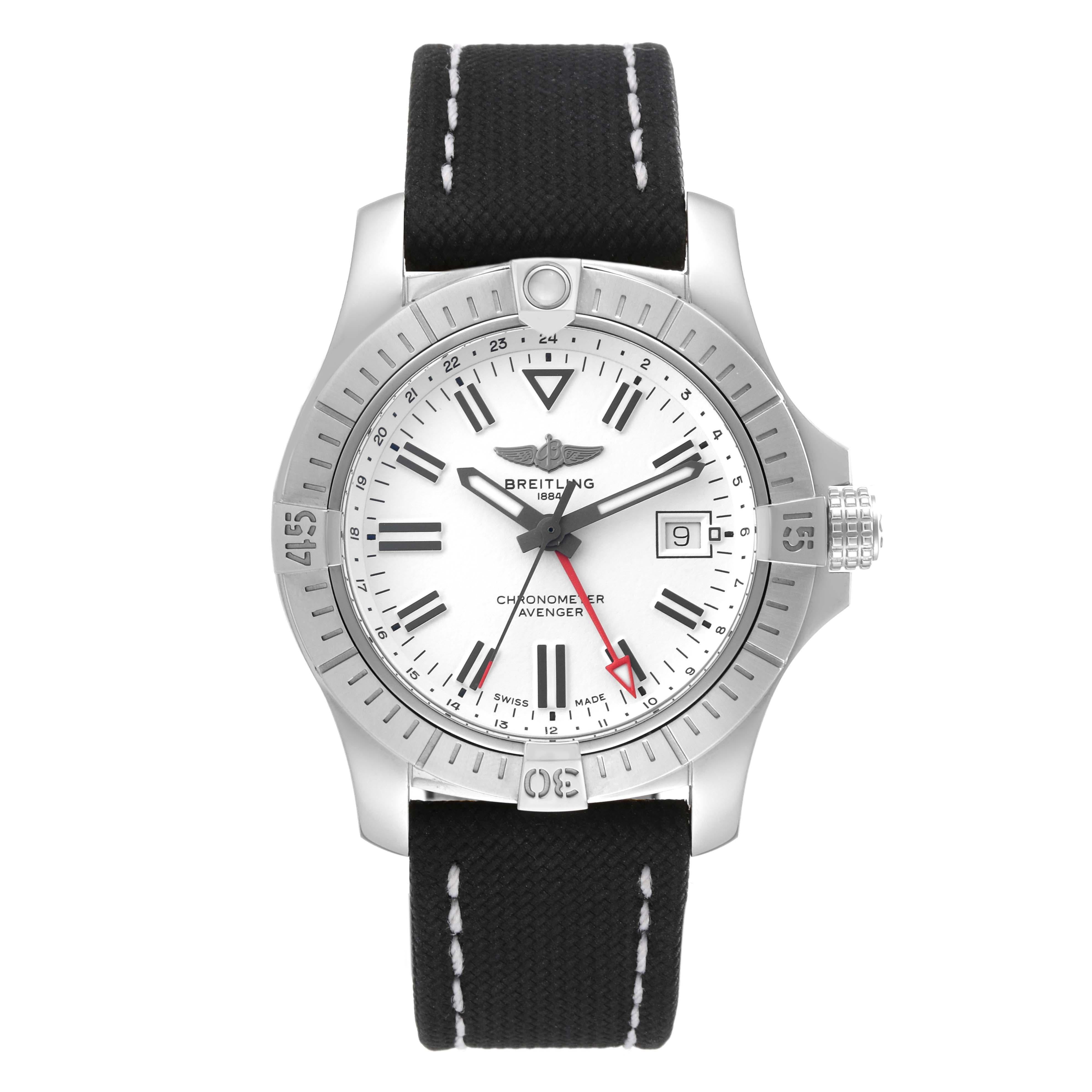 Breitling Chronomat GMT White Dial Steel Mens Watch A32397 Box Card. Self-winding automatic officially certified chronometer movement. Stainless steel case 43.0 mm in diameter with screwed-down crown. Stainless steel unidirectional rotating bezel.