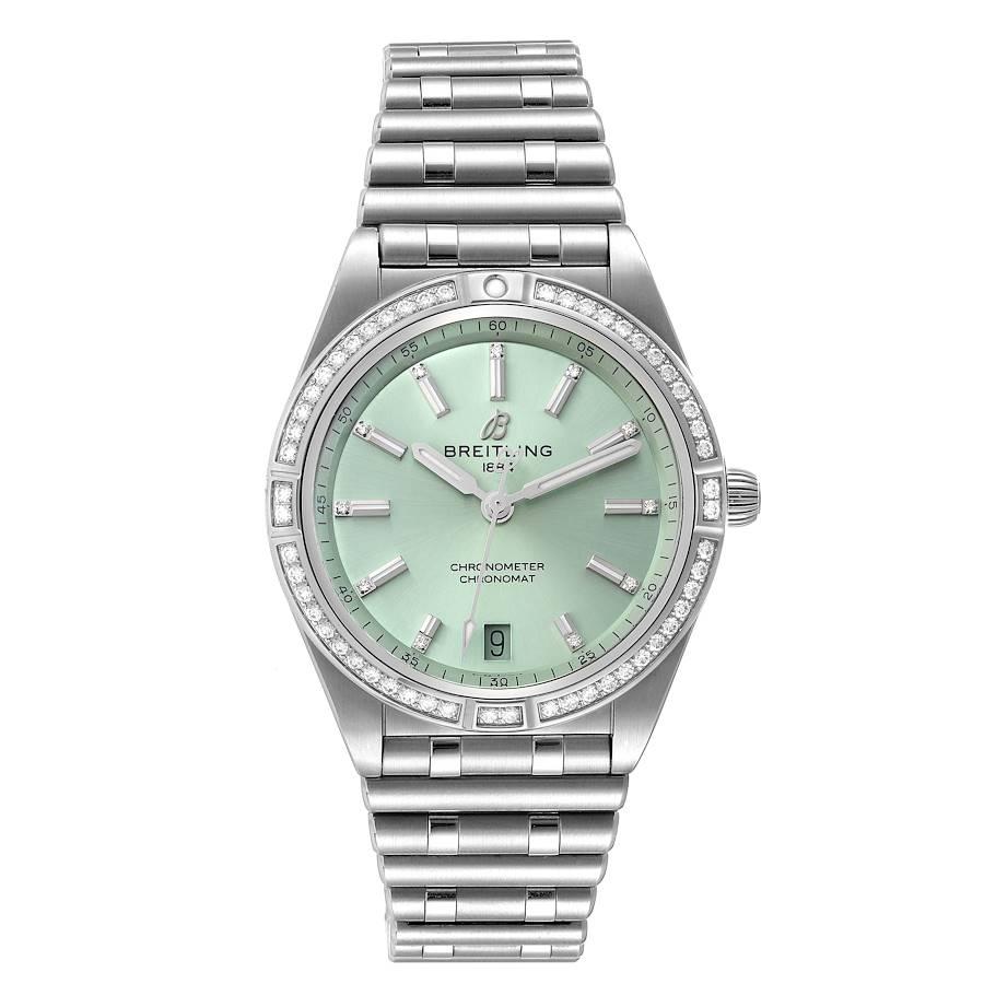 Breitling Chronomat Green Dial Steel Diamond Ladies Watch A10380 Box Card. Self-winding automatic officially certified chronometer movement. Stainless steel case 36.0 mm in diameter. Original Breitling factory diamond stainless steel unidirectional