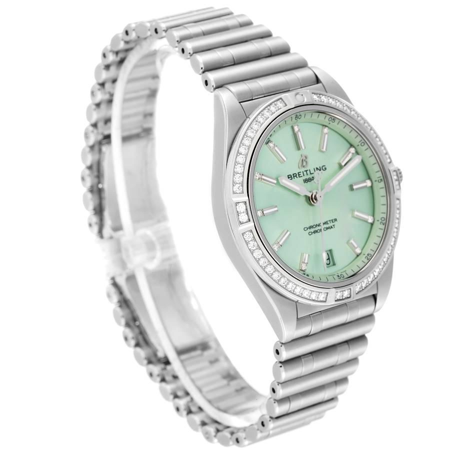 Breitling Chronomat Green Dial Steel Diamond Ladies Watch A10380 Box Card In Excellent Condition In Atlanta, GA