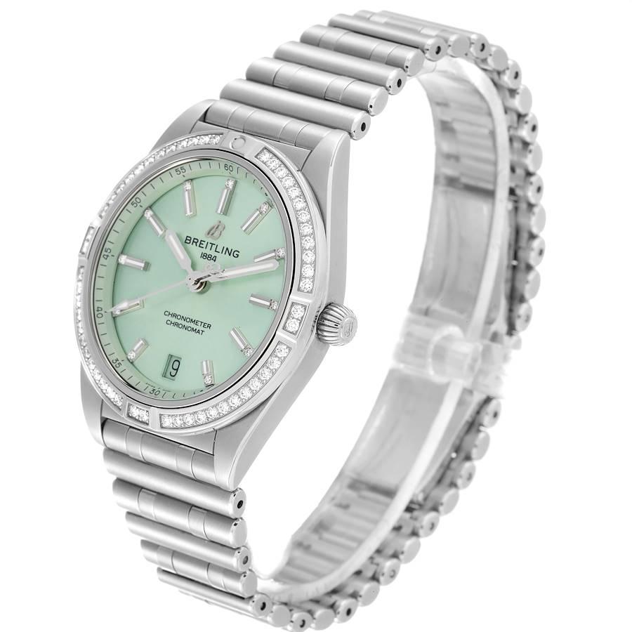 Women's Breitling Chronomat Green Dial Steel Diamond Ladies Watch A10380 Box Card