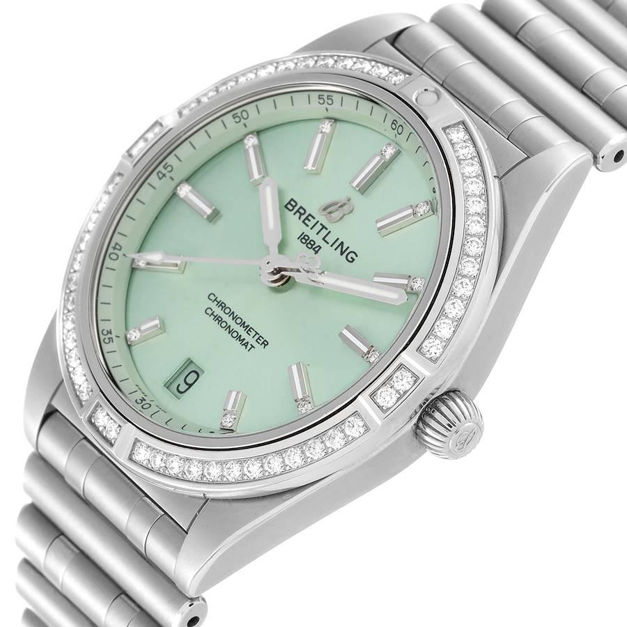 Breitling Chronomat Green Dial Steel Diamond Ladies Watch A10380 Box Card 1
