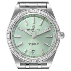 Breitling Chronomat Green Dial Steel Diamond Ladies Watch A10380 Box Card