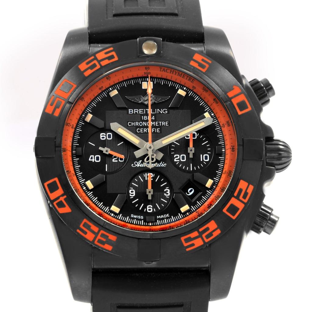 Breitling Chronomat Raven Blacksteel Watch MB0111 Box Papers. Self-winding automatic officially certified chronometer movement. Chronograph, date. Black PVD Stainless steel case 44 mm in diameter. Brushed/satin finished Blacksteel bezel with orange