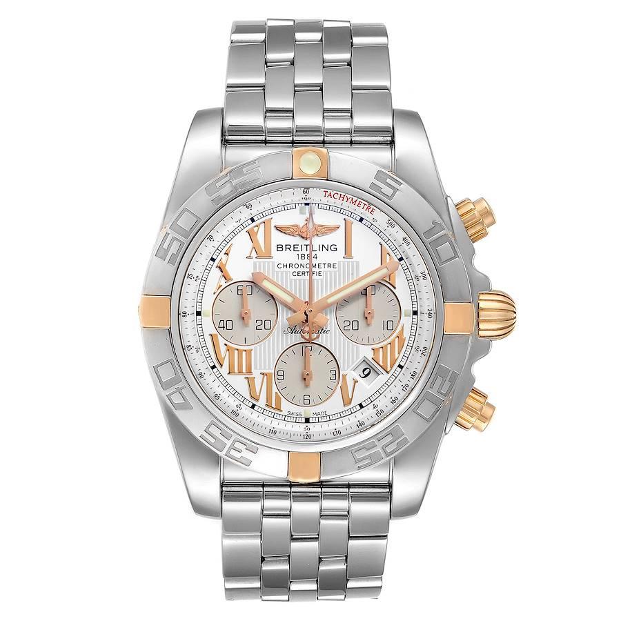 Breitling Chronomat Silver Dial Steel Rose Gold Mens Watch IB0110. Self-winding automatic officially certified chronometer movement. Chronograph function. Stainless steel and 18K rose gold case 43.5 mm in diameter with screwed down crown and