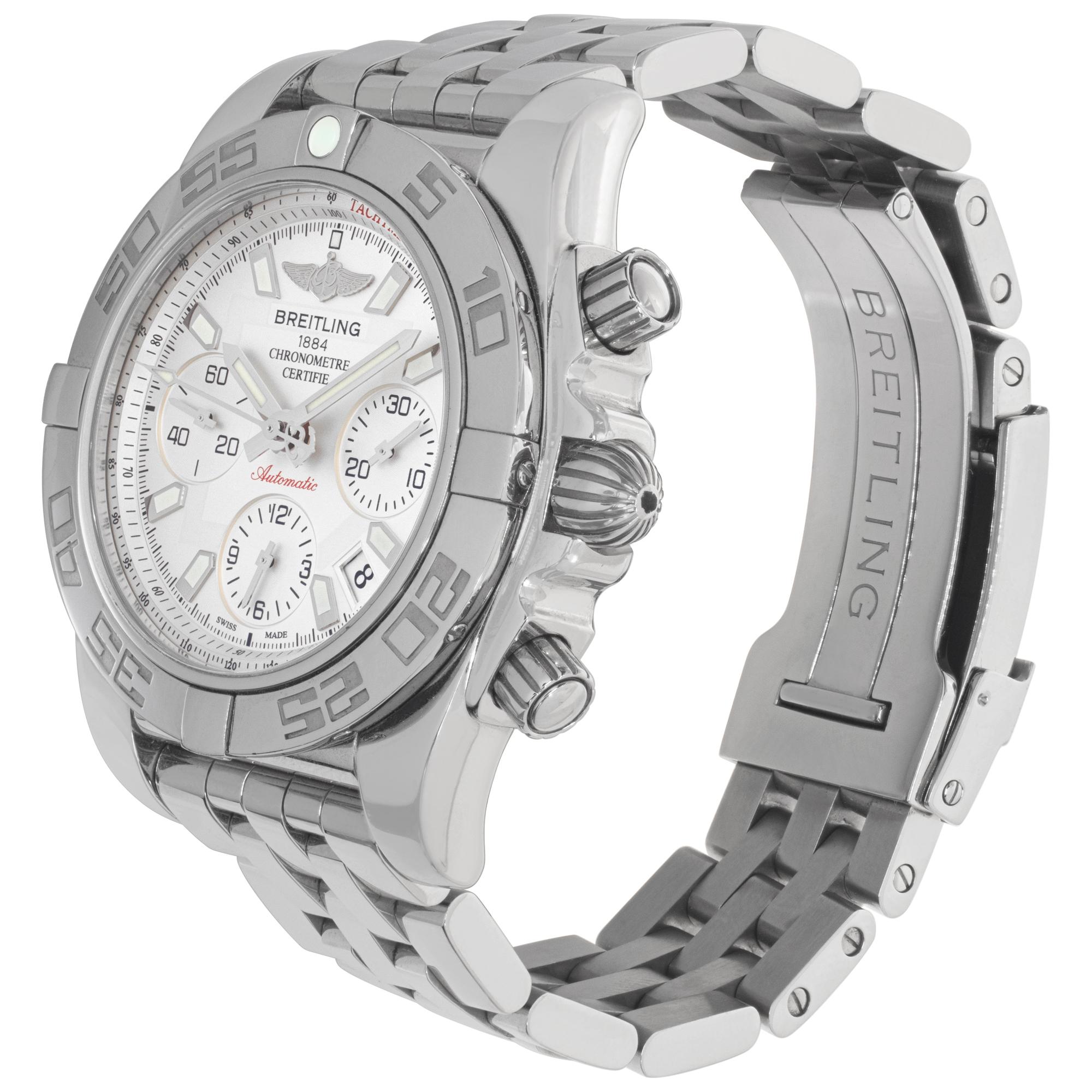 Breitling Chronomat in stainless steel with silver stick dial and stainless steel link bracelet. Auto w/ subseconds, date and chronograph. 40 mm case size. With papers. Ref AB014012. Fine Pre-owned Breitling Watch.

 Certified preowned Sport