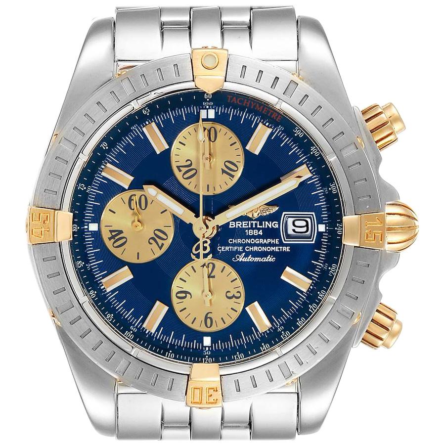 Breitling Chronomat Steel 18 Karat Yellow Gold Blue Dial Men's Watch B13356 For Sale