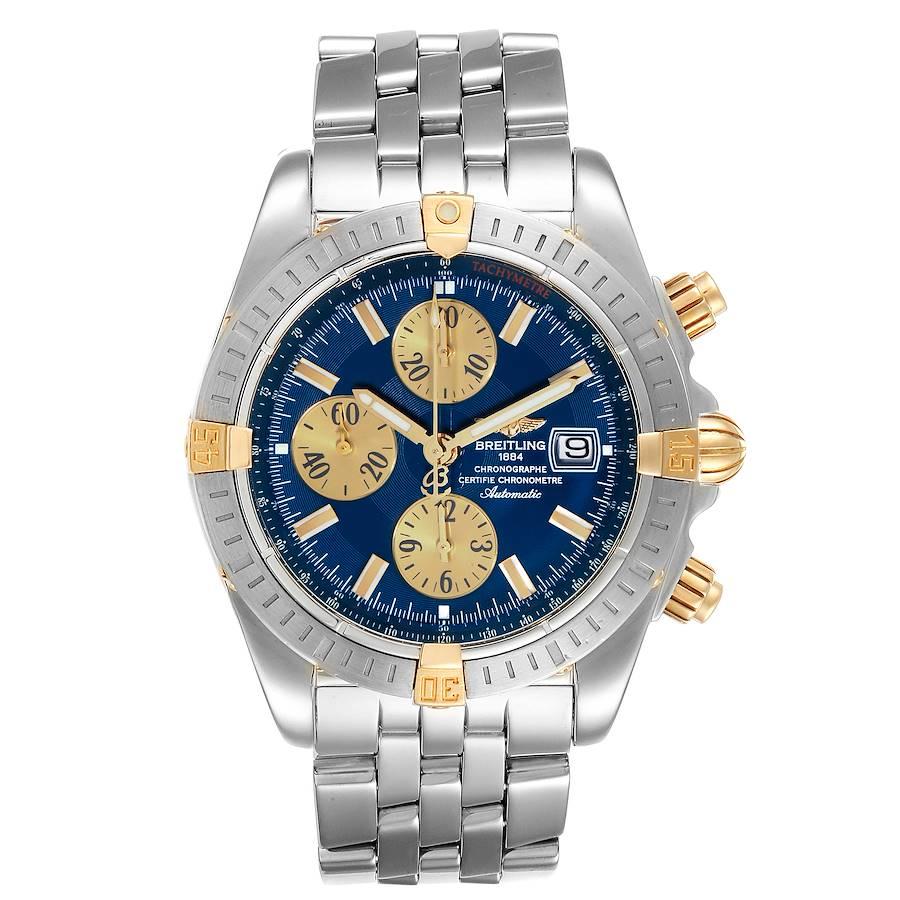 Breitling Chronomat Steel 18K Yellow Gold Blue Dial Mens Watch B13356. Automatic self-winding officially certified chronometer movement. Chronograph function. Stainless steel and 18K yellow gold case 43.7 mm in diameter. 18k yellow gold screwed-down