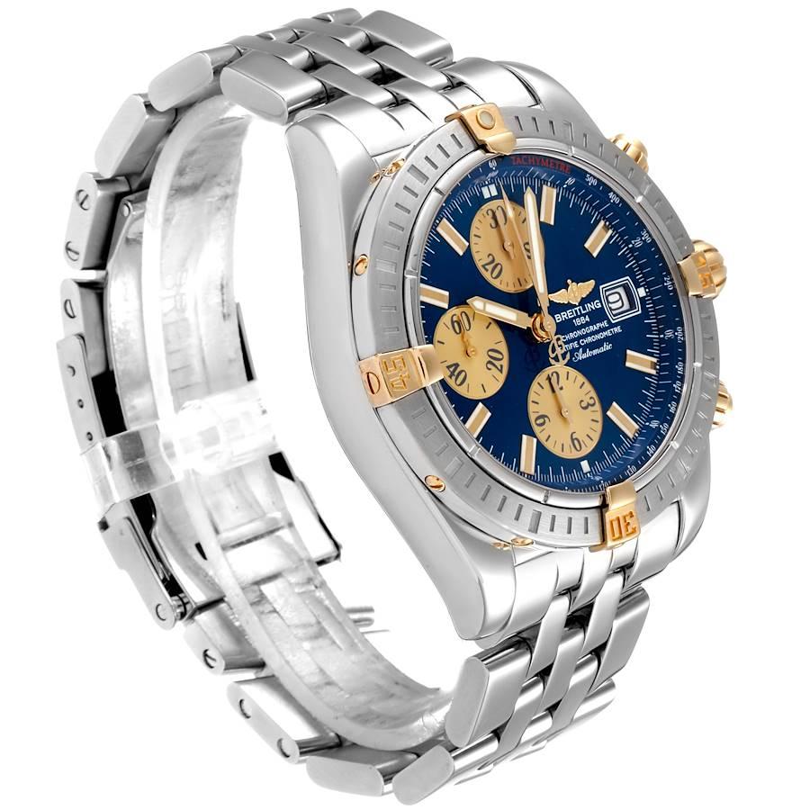 Breitling Chronomat Steel 18 Karat Yellow Gold Blue Dial Men's Watch B13356 In Excellent Condition For Sale In Atlanta, GA