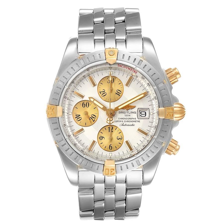 Breitling Chronomat Steel 18K Yellow Gold Mens Watch B13356 Box Papers. Automatic self-winding officially certified chronometer movement. Chronograph function. Stainless steel and 18K yellow gold case 43.7 mm in diameter. 18k yellow gold