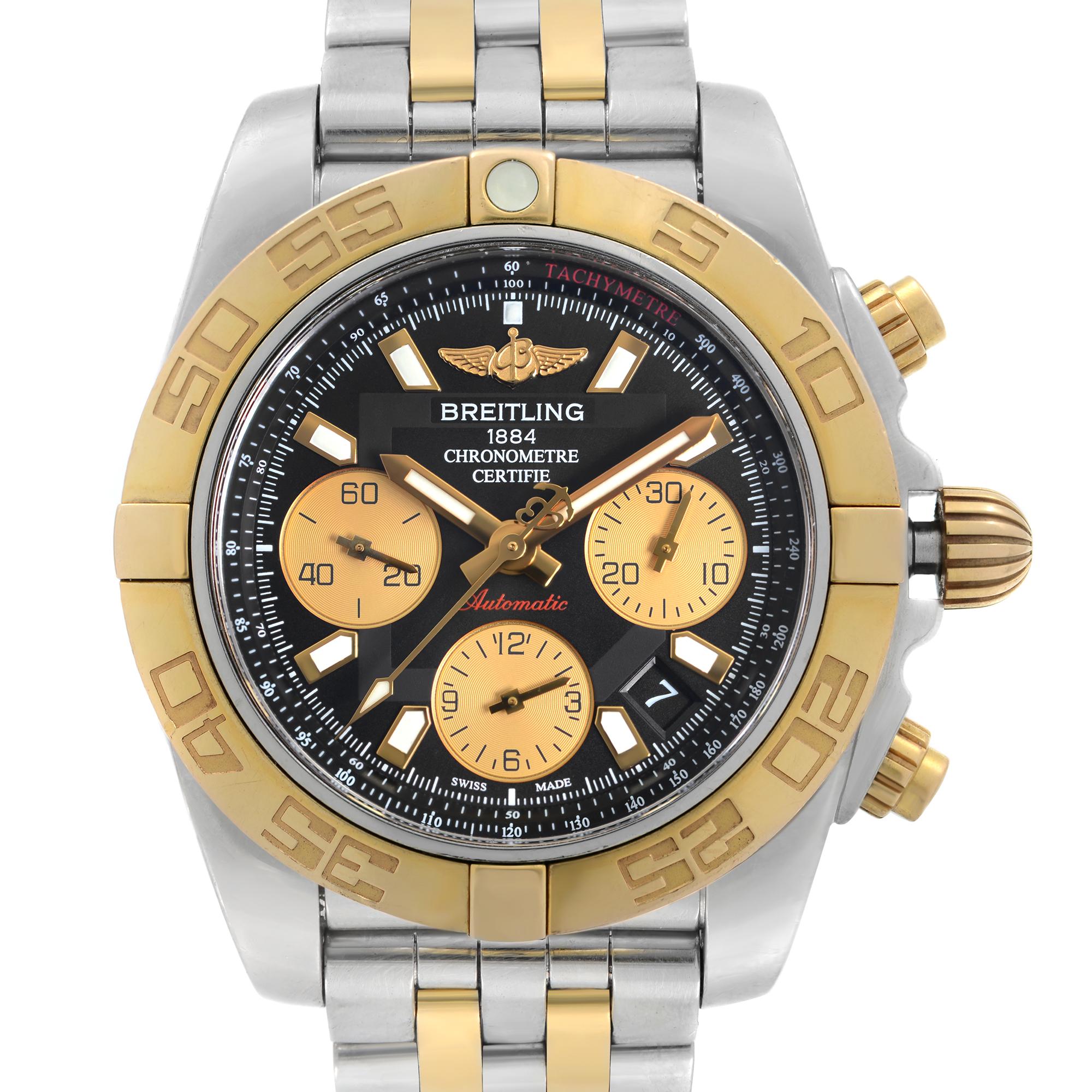 Pre Owned Breitling Chronomat 41mm Steel 18K Rose Gold Black Dial Automatic Mens Watch CB014012BA53378C. This Beautiful Timepiece Features: Stainless Steel Case with a 18k Rose Gold And Steel Bracelet, Uni-Directional Rotating 18k Rose Gold Bezel,