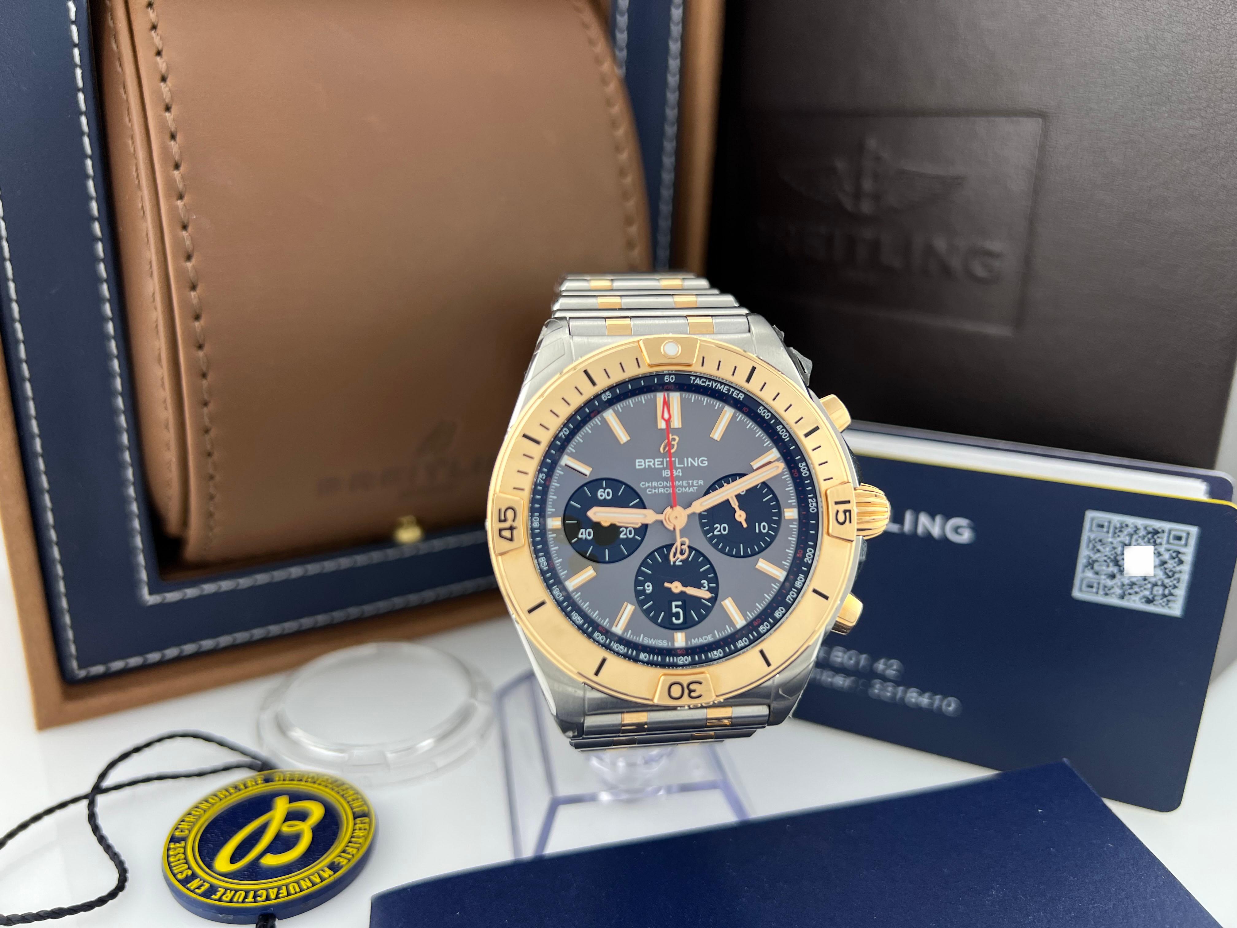 Número de estilo: UB0134

 

Model No: Breitling Chronomat


Año: 2021

 

Material de la caja: Acero inoxidable

 

Pulsera: Oro rosa de 18 quilates y acero inoxidable

 

Bisel: Oro rosa de 18 quilates

 

Esfera: Esfera gris antracita

 

Cara: