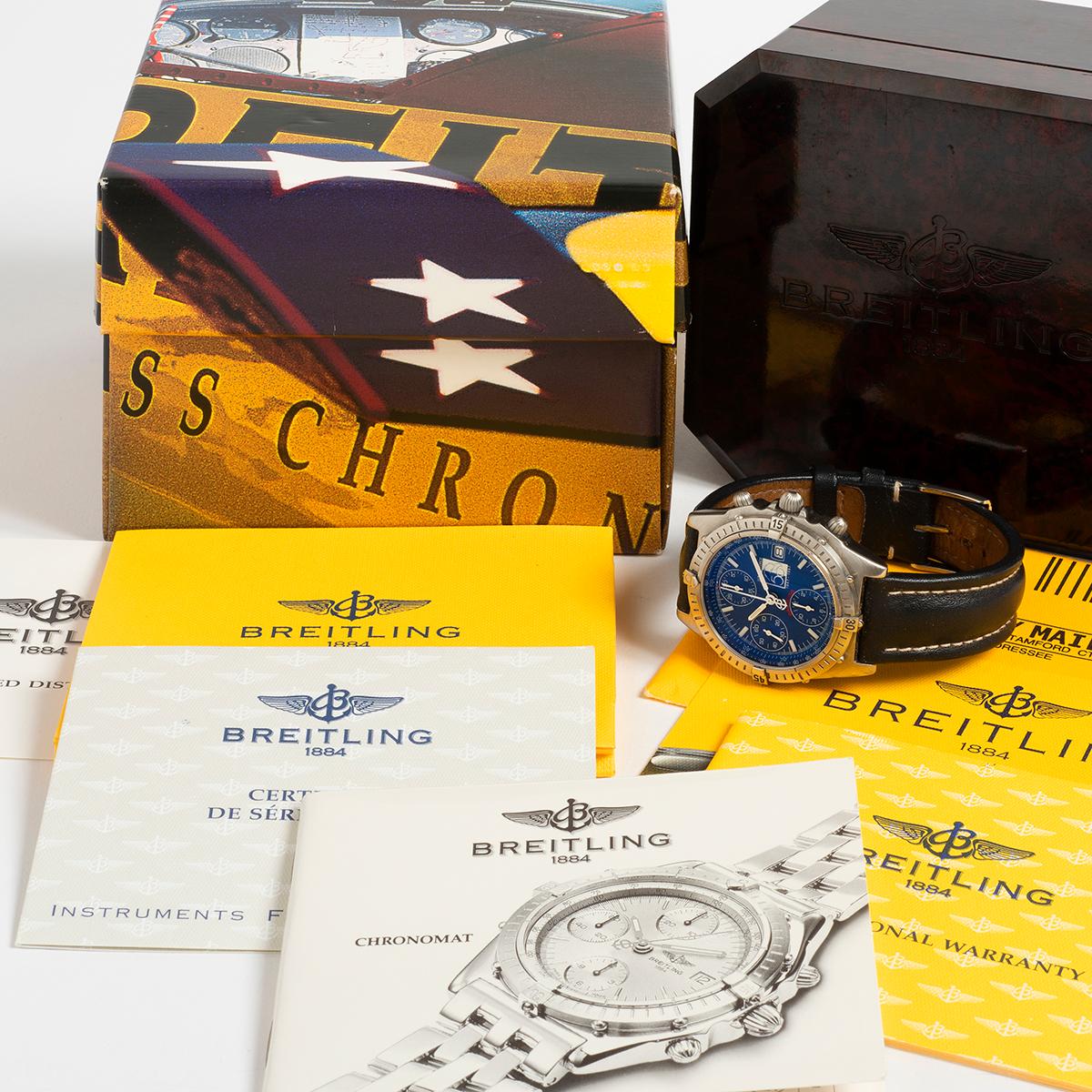 A limited edition, of just 500 pieces , this Breitling Chronomat with special blue dial was produced to celebrate 50 years of the US Air Force. Presented in excellent condition with light signs of use to the stainless steel 40mm case and original