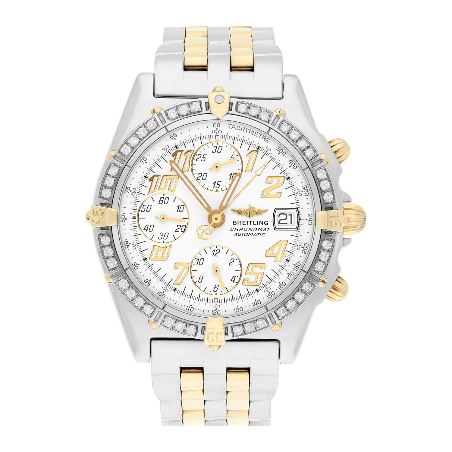 Brand: Breitling 
Series: Chronomat  
Model: B13350
Case Diameter: 39 mm
Bracelet: Stainless steel/18K Yellow Gold
Bezel: YG, Custom diamond set
Dial: White dial
The sale includes a jewelry watch box and an appraisal certificate which states the