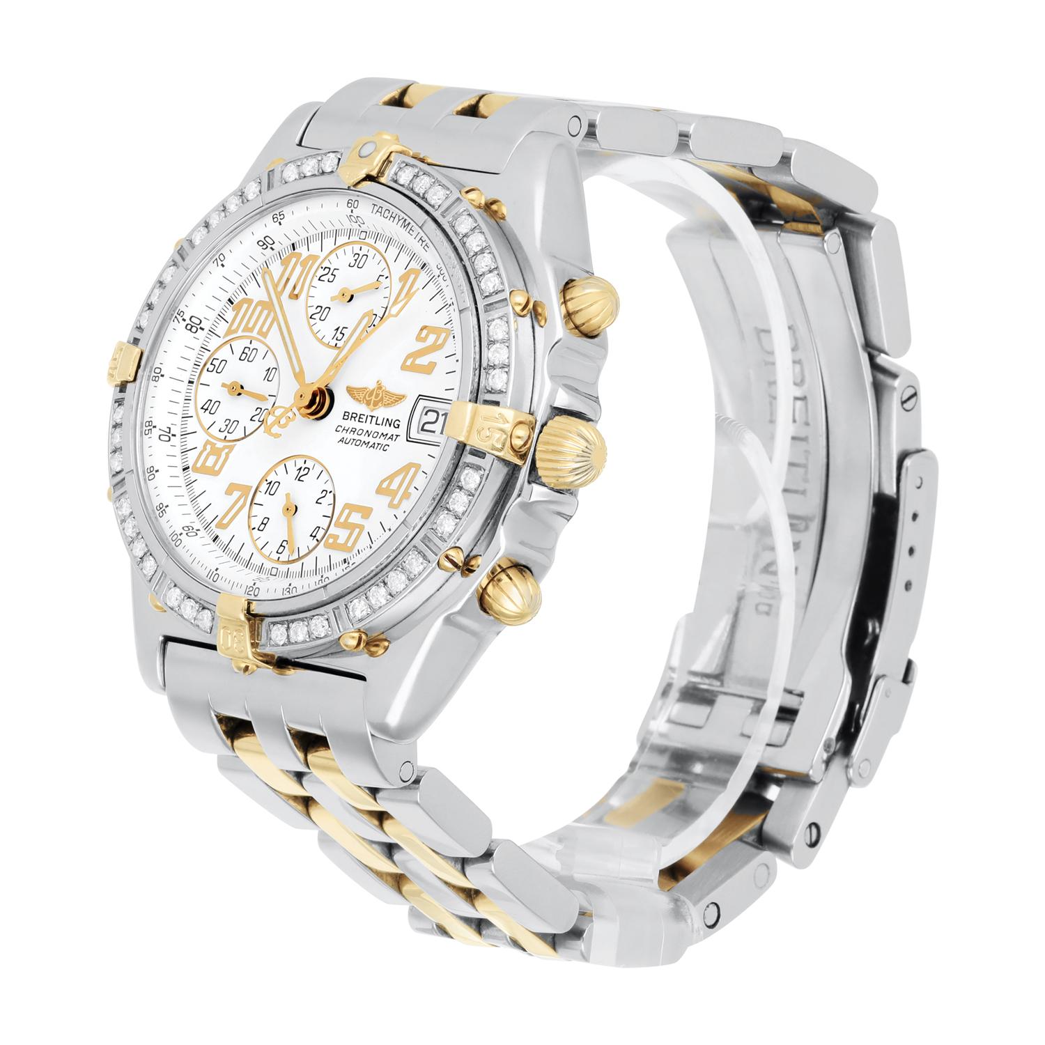 Women's or Men's Breitling Chronomat White Dial 39MM Steel & 18K Yellow Gold B13350 Diamond Bezel For Sale