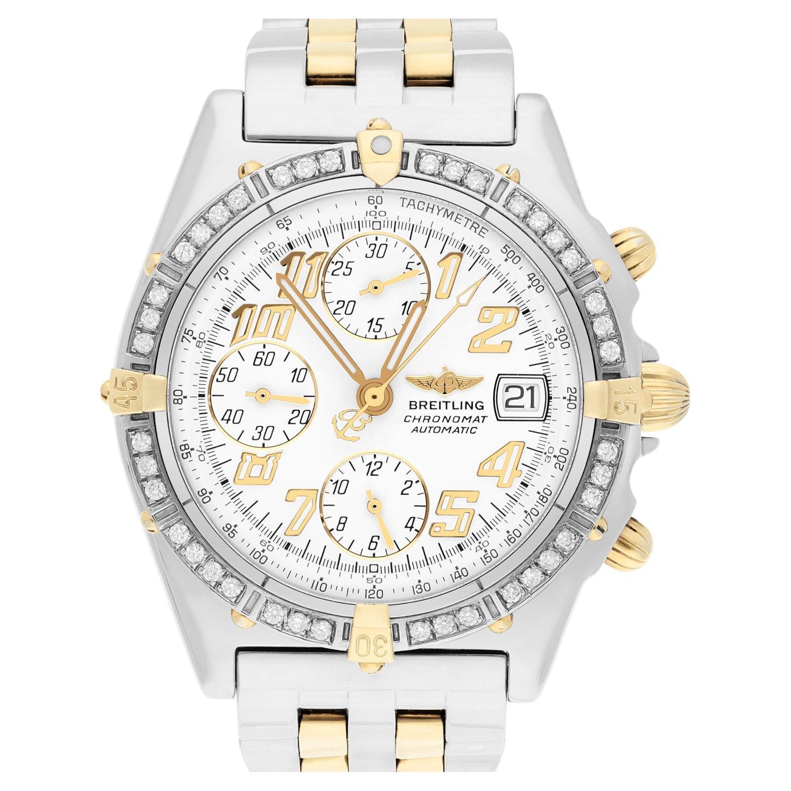 Montre Chronomat Breitling 39MM en acier et or jaune 18 carats avec lunette en diamant B13350