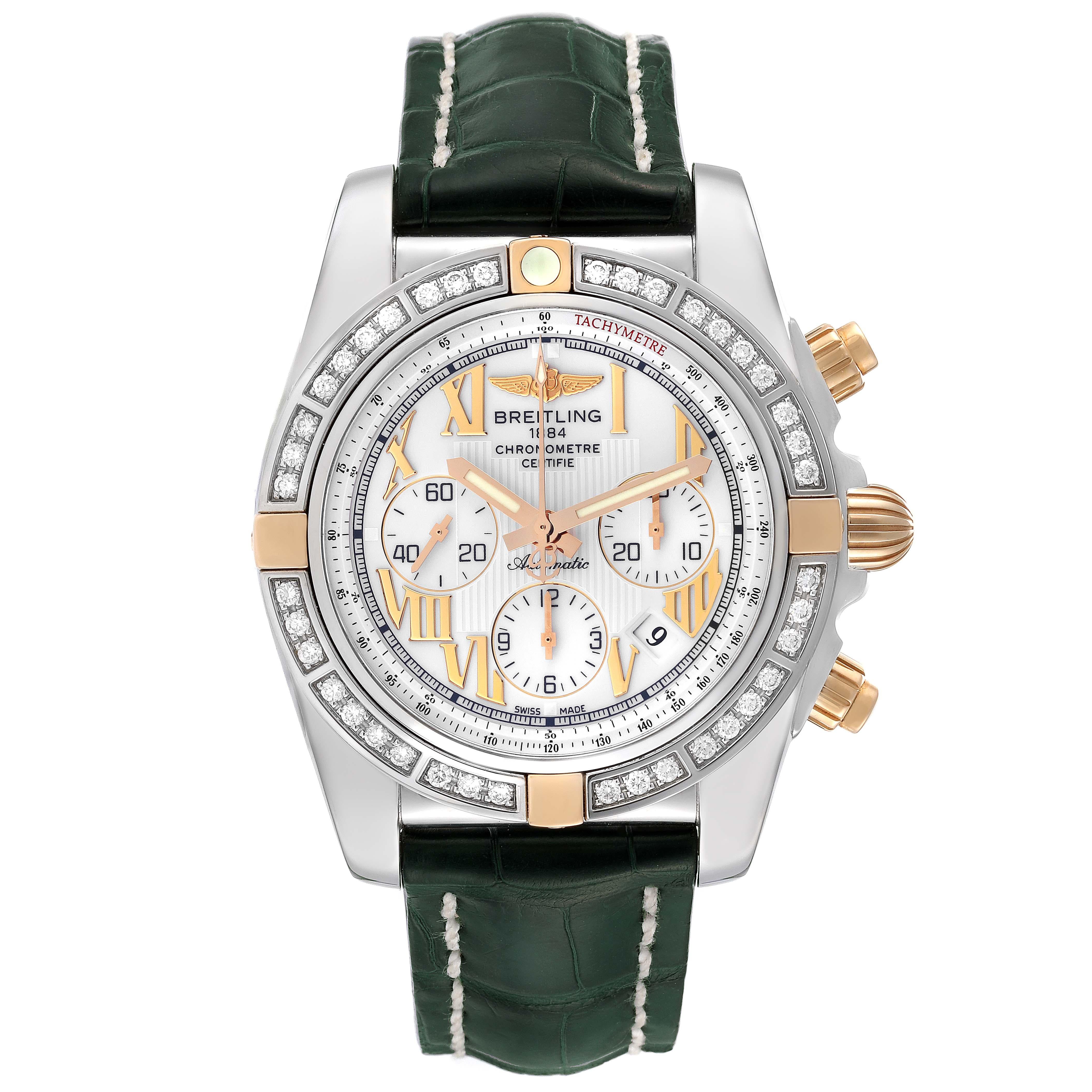 Breitling Chronomat White Dial Steel Rose Gold Diamond Mens Watch IB0110. Self-winding automatic officially certified chronometer movement. Chronograph function. Stainless steel and 18k rose gold case 43.5 mm in diameter with screwed down crown and