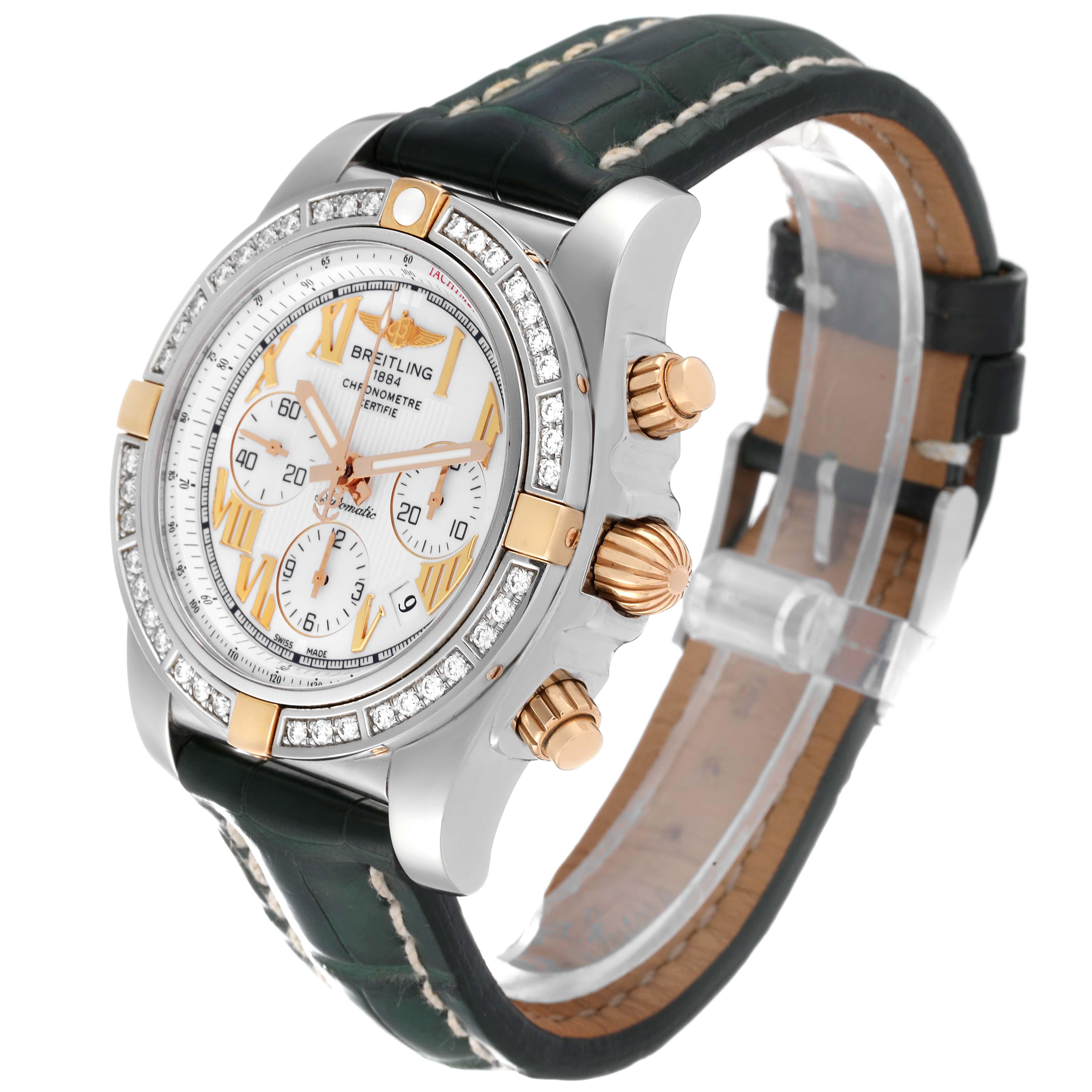 Breitling Chronomat White Dial Steel Rose Gold Diamond Mens Watch IB0110 In Excellent Condition For Sale In Atlanta, GA