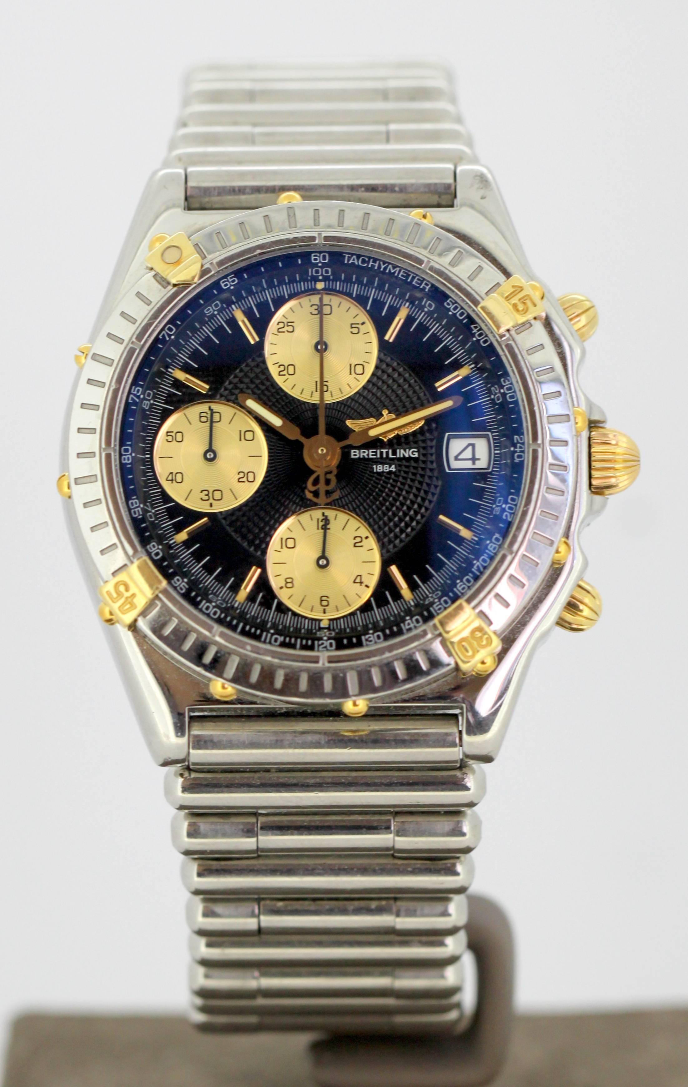 Breitling Chronomat Wristwatch, Automatic Chronograph, 18K Gold & Stainless Steel
Original Breitling stainless steel bullet band.

Watch Nr : B13050.1
Ref Nr : 203048

Comes with box and all documents, as well as extra bracelet links.
PLEASE NOTE :